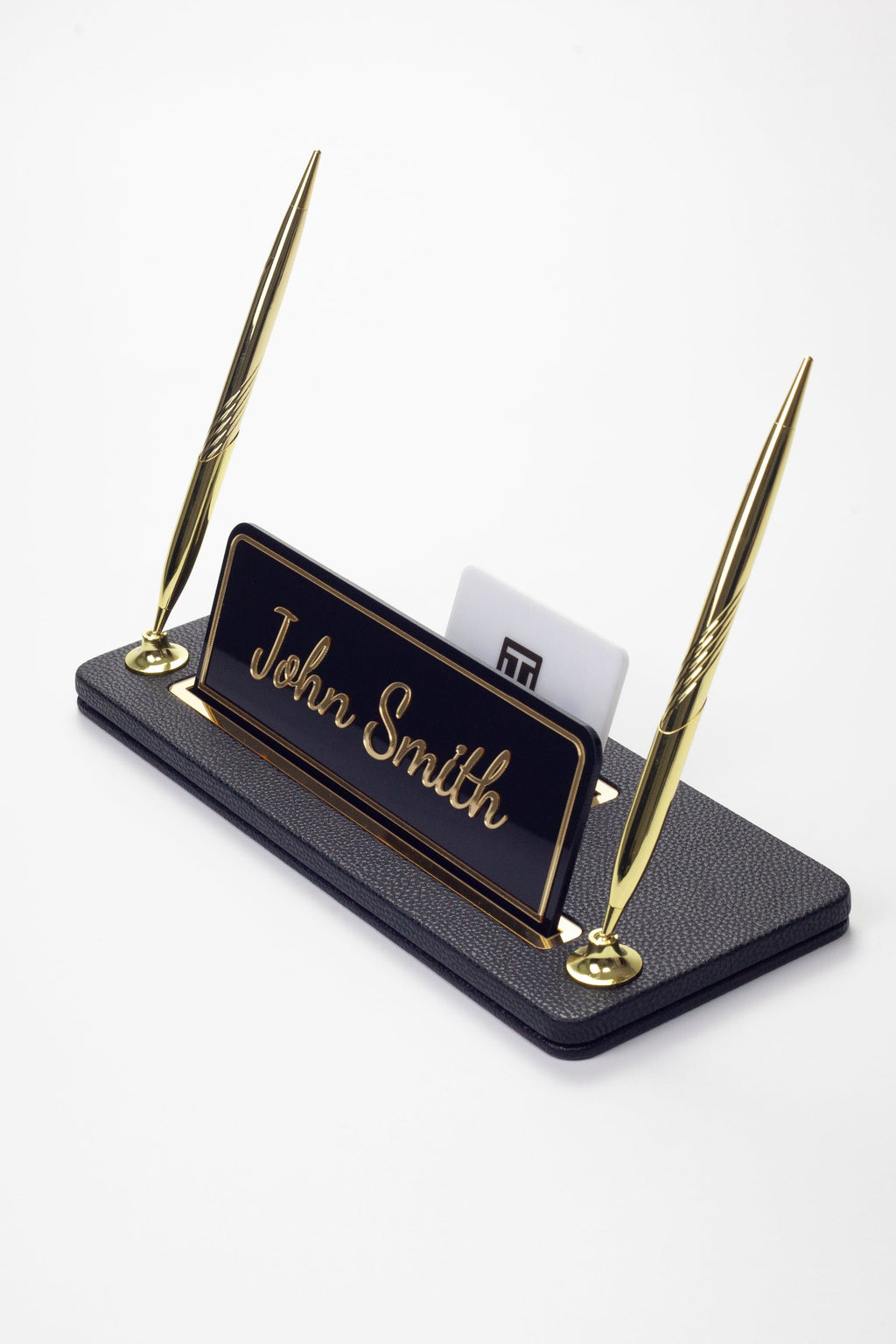 Leather Desk Name Holder with Two Pens Black Gold Detailed