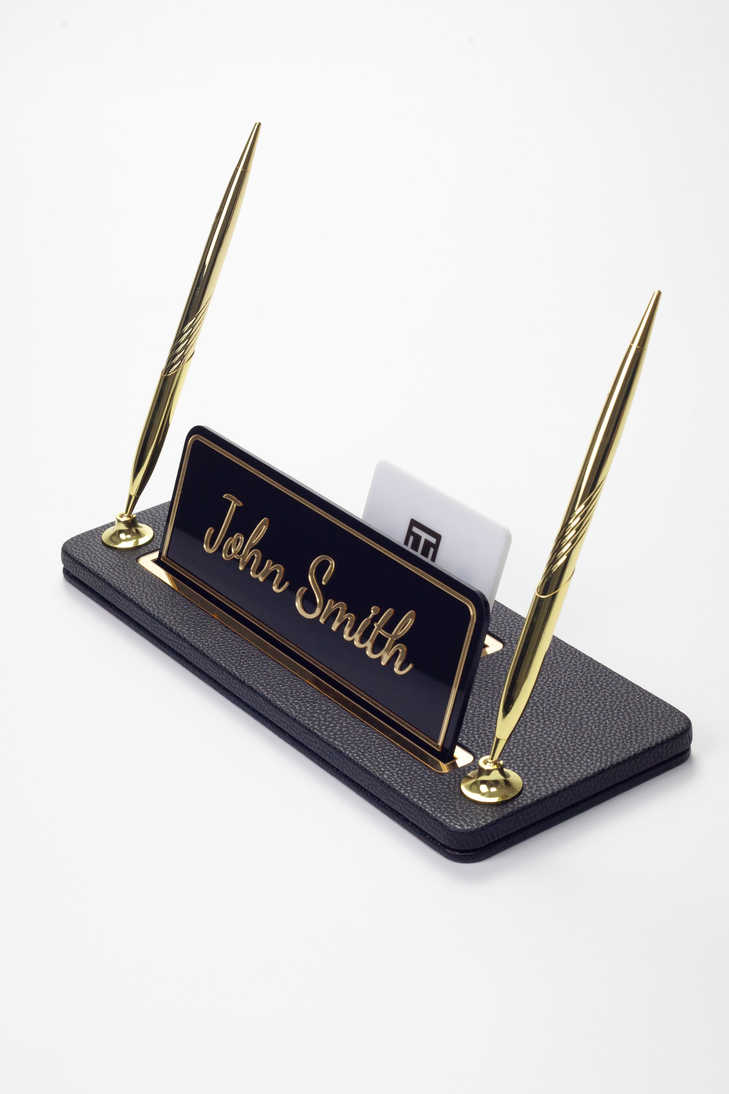 Leather Desk Name Holder with Two Pens Black Gold Detailed