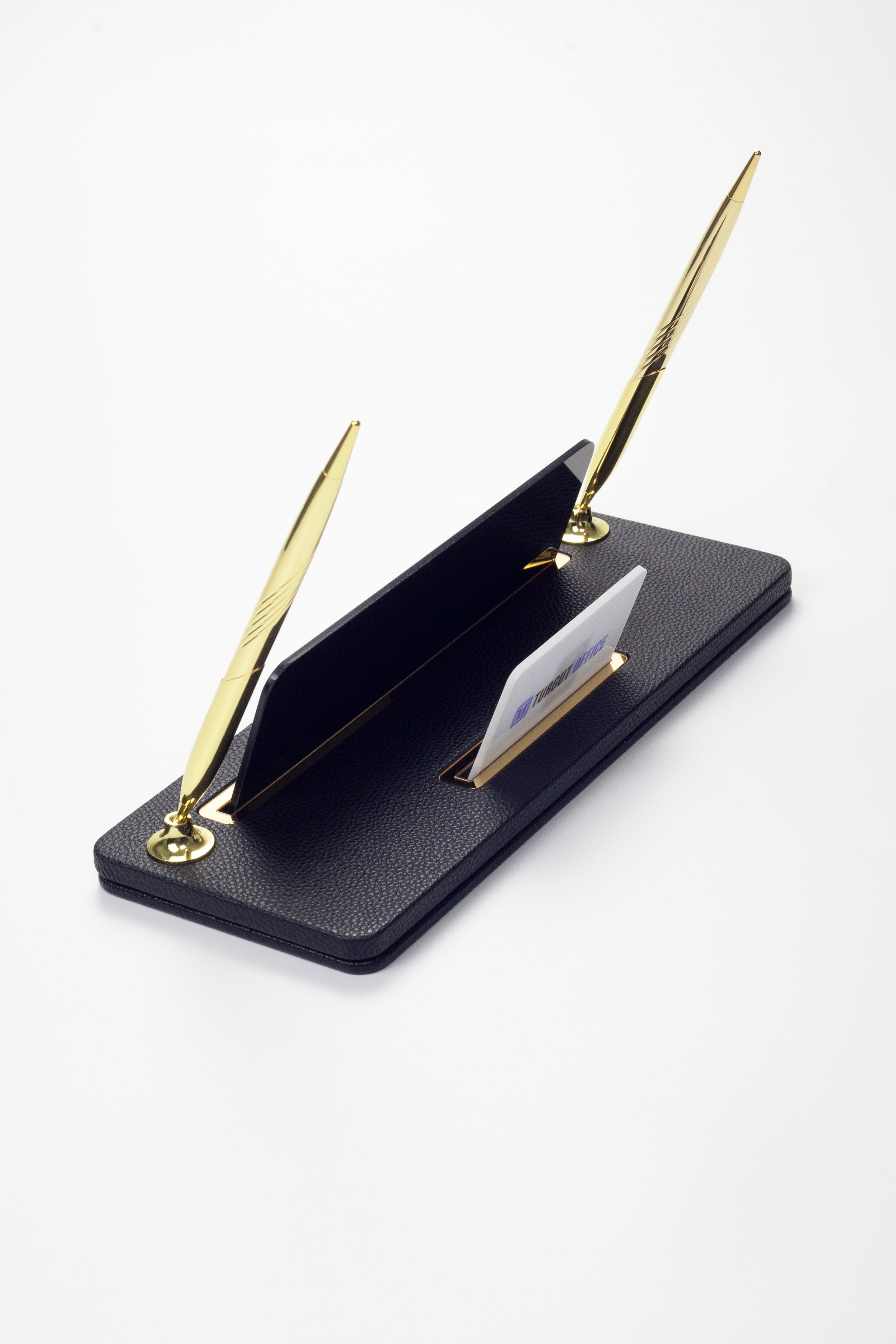 Leather Desk Name Holder with Two Pens Black Gold Detailed