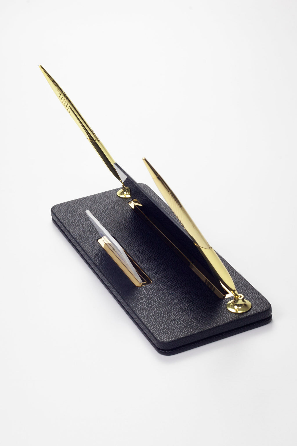 Leather Desk Name Holder with Two Pens Black Gold Detailed
