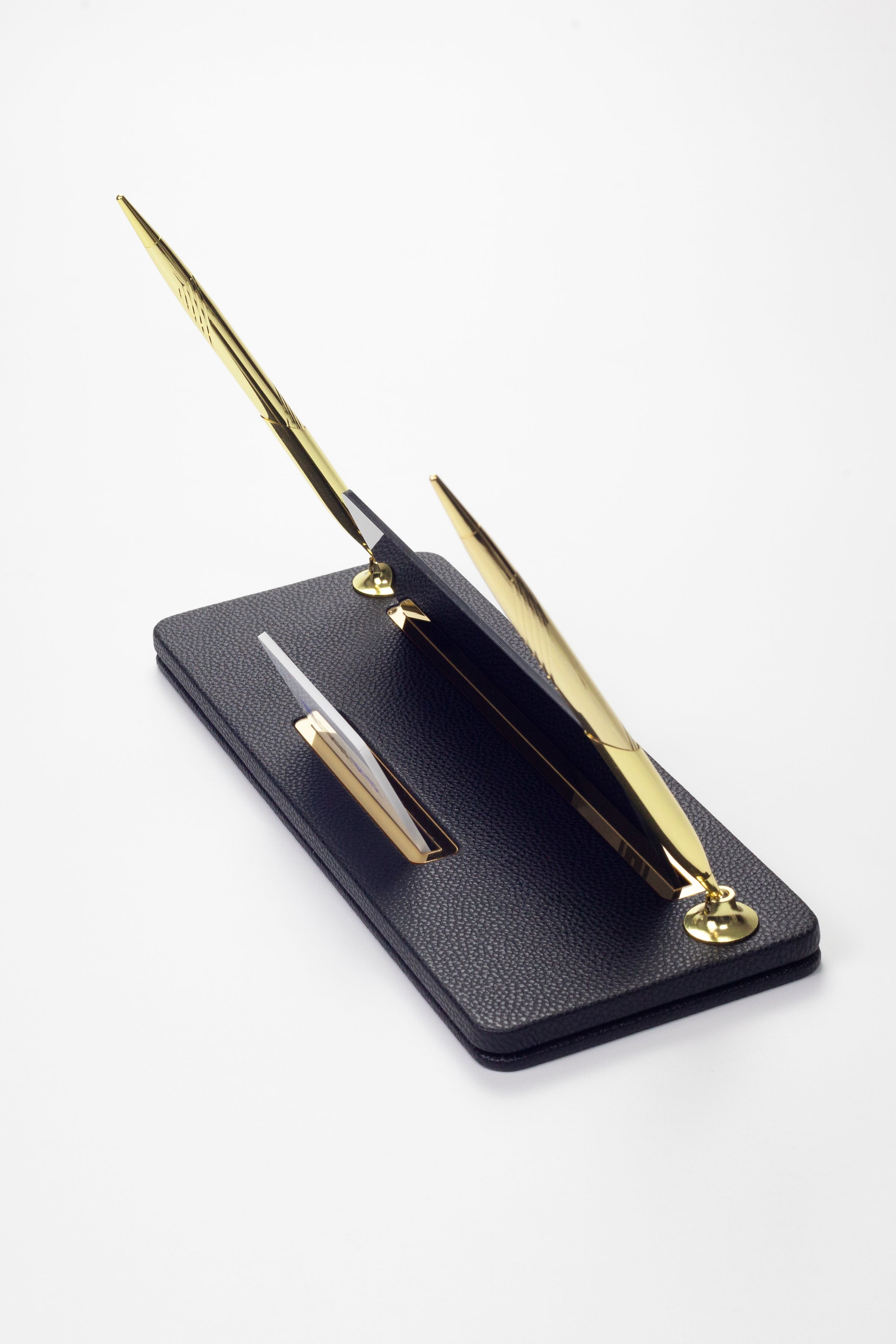 Leather Desk Name Holder with Two Pens Black Gold Detailed