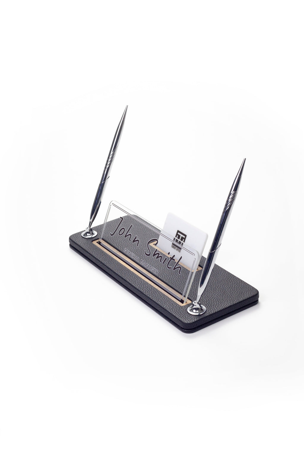 Leather Desk Name Holder with Two Pens Black Wood Detail