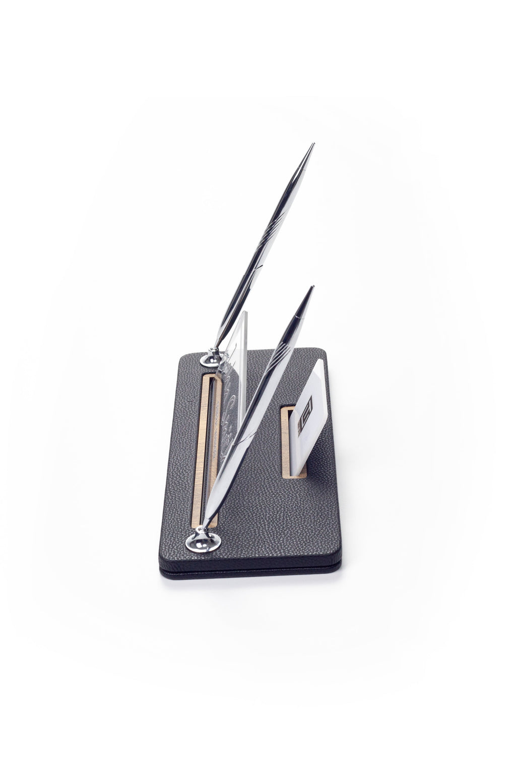 Leather Desk Name Holder with Two Pens Black Wood Detail