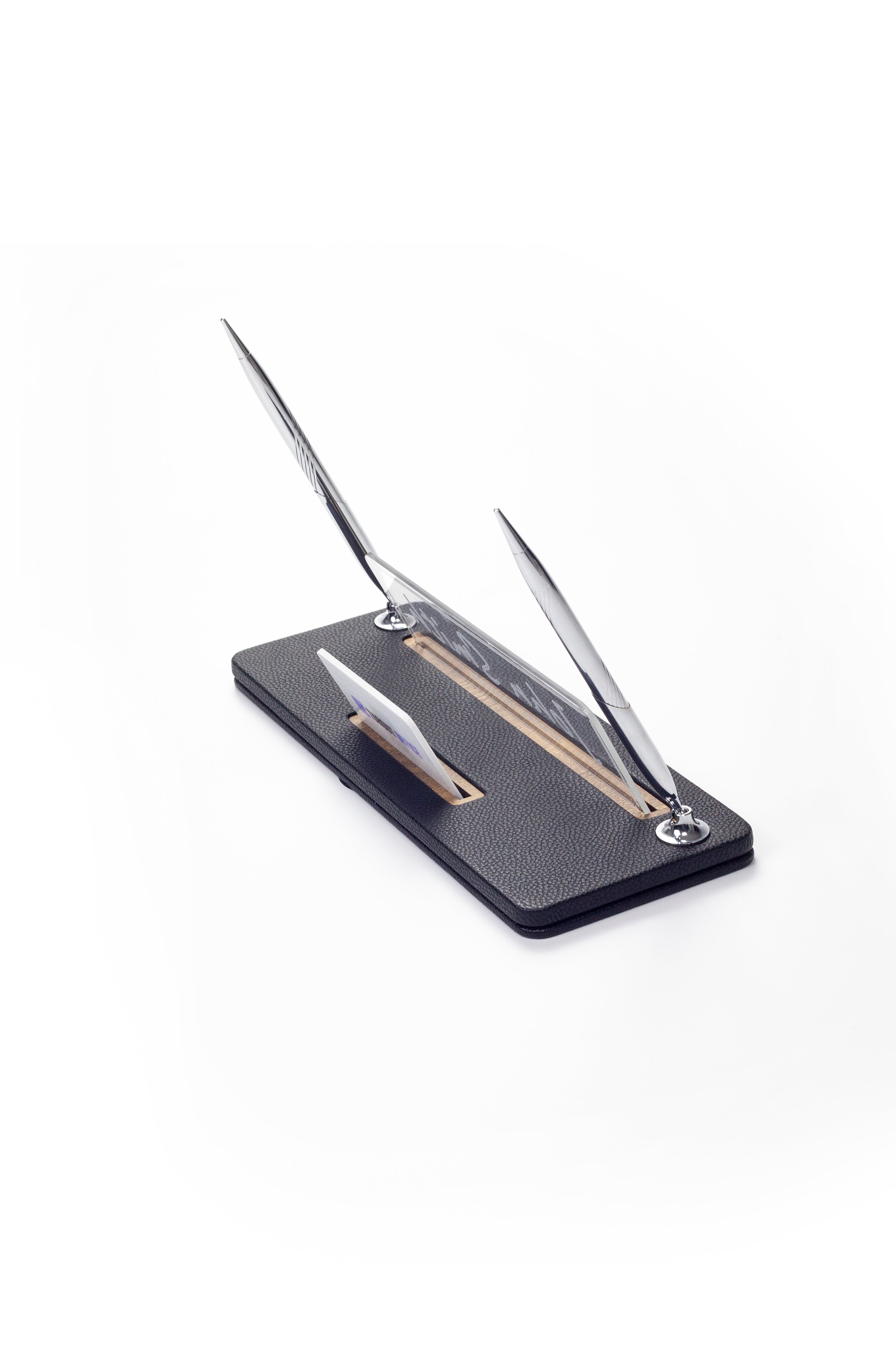 Leather Desk Name Holder with Two Pens Black Wood Detail