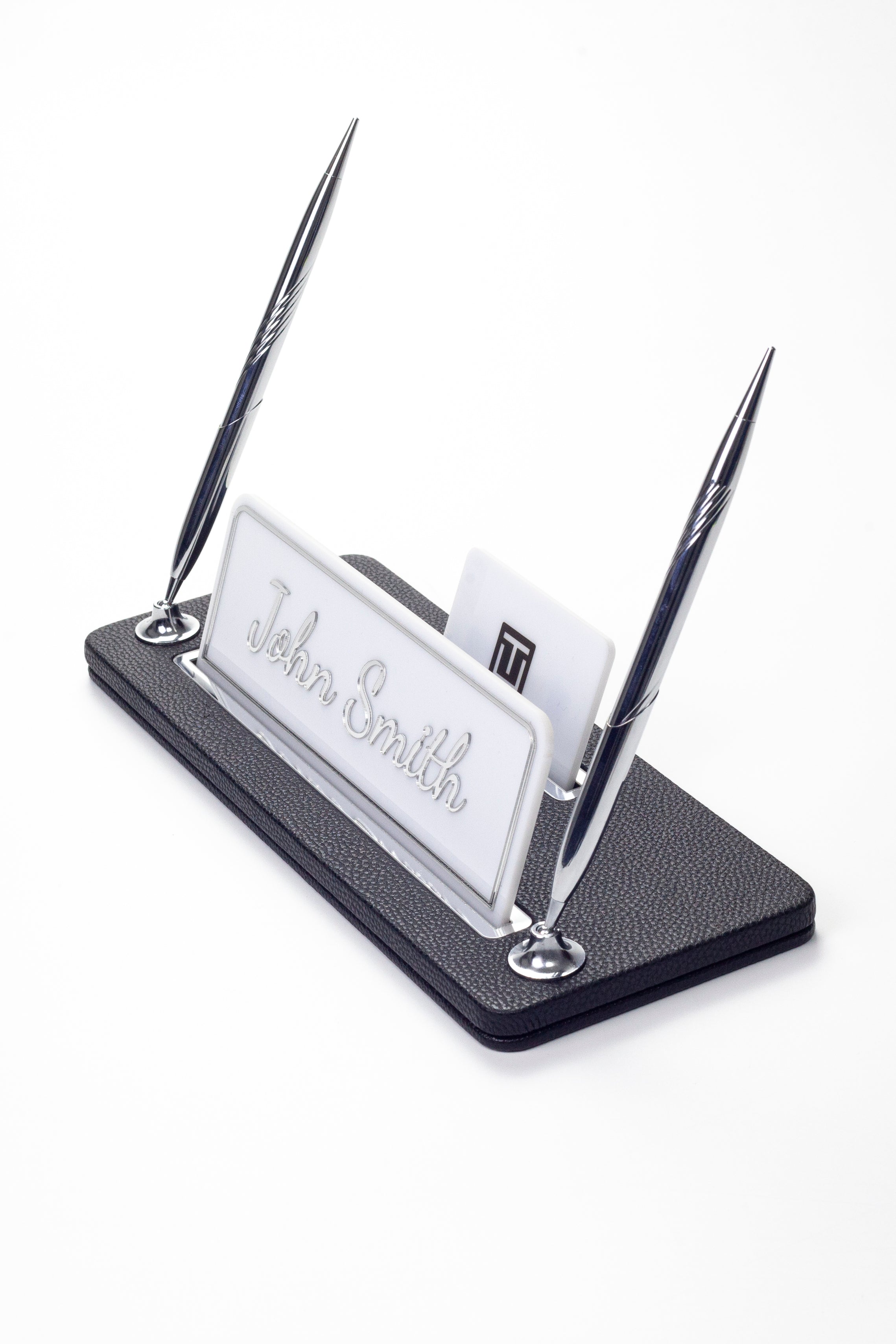 Leather Desk Name Holder with Two Pens Black Chrome Detailed