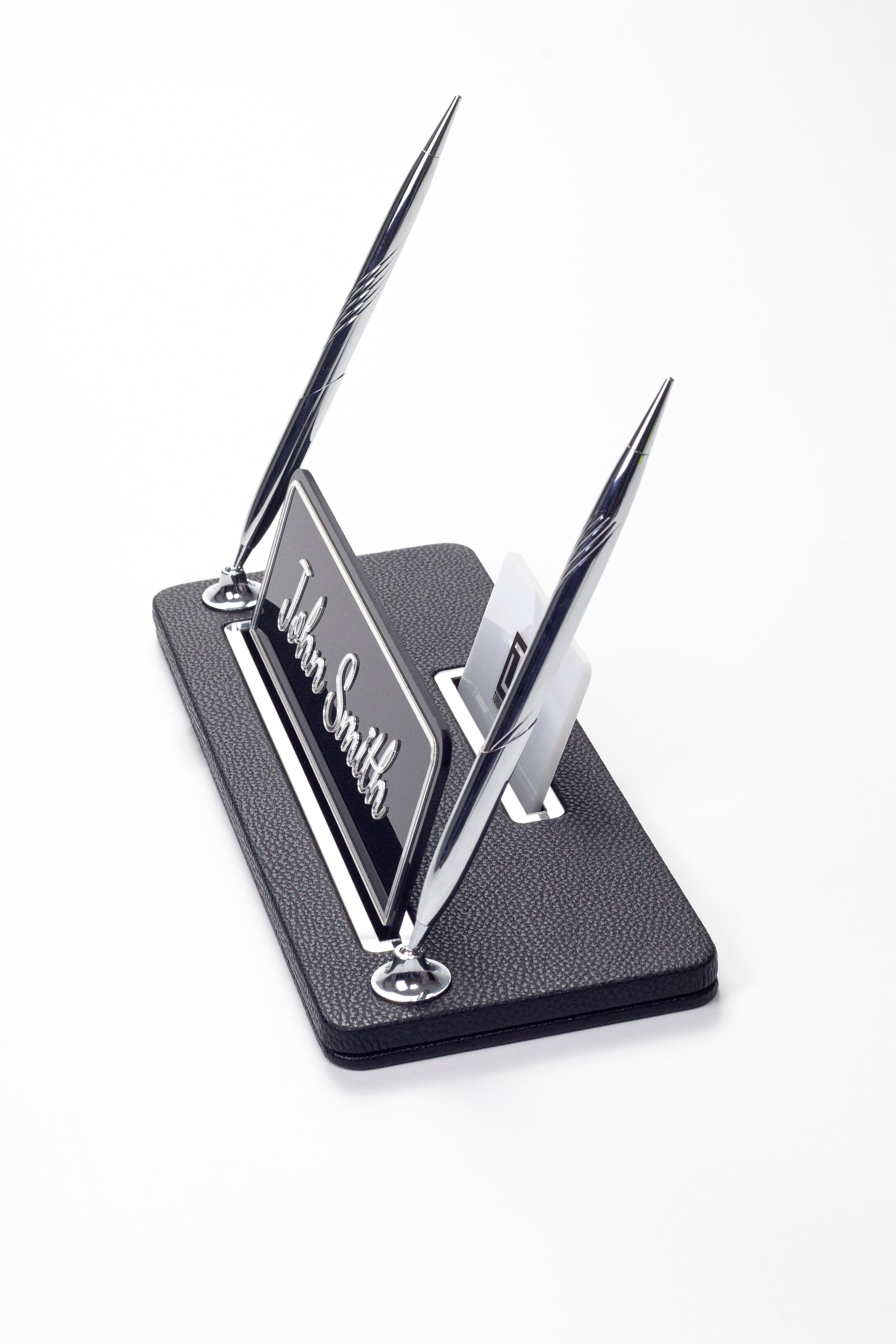 Leather Desk Name Holder with Two Pens Black Chrome Detailed