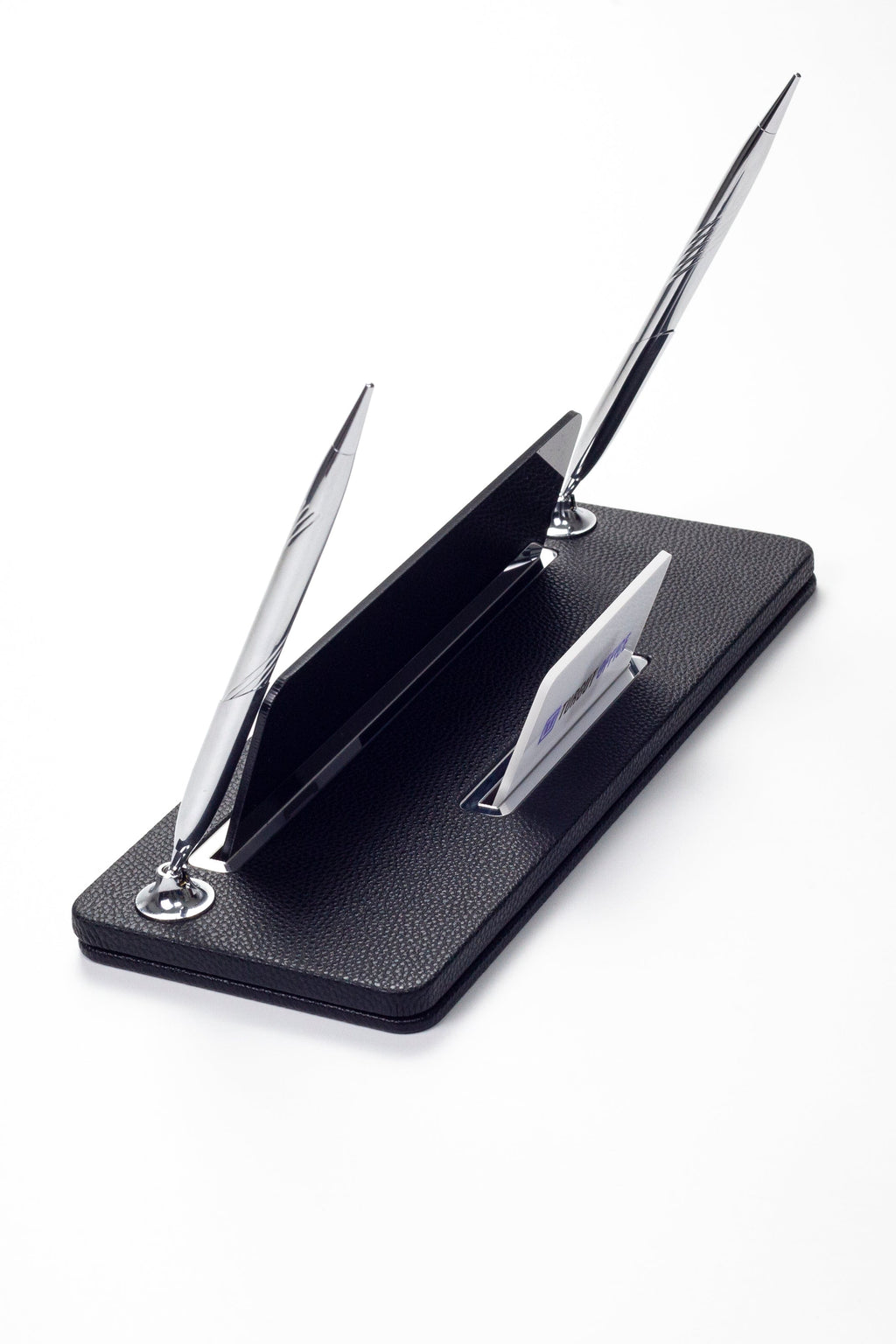 Leather Desk Name Holder with Two Pens Black Chrome Detailed