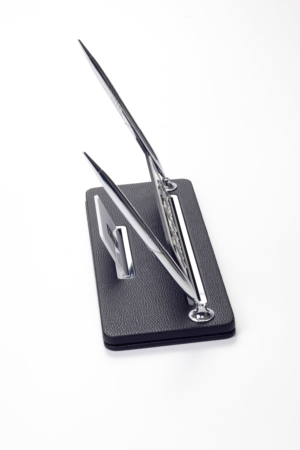 Leather Desk Name Holder with Two Pens Black Chrome Detailed