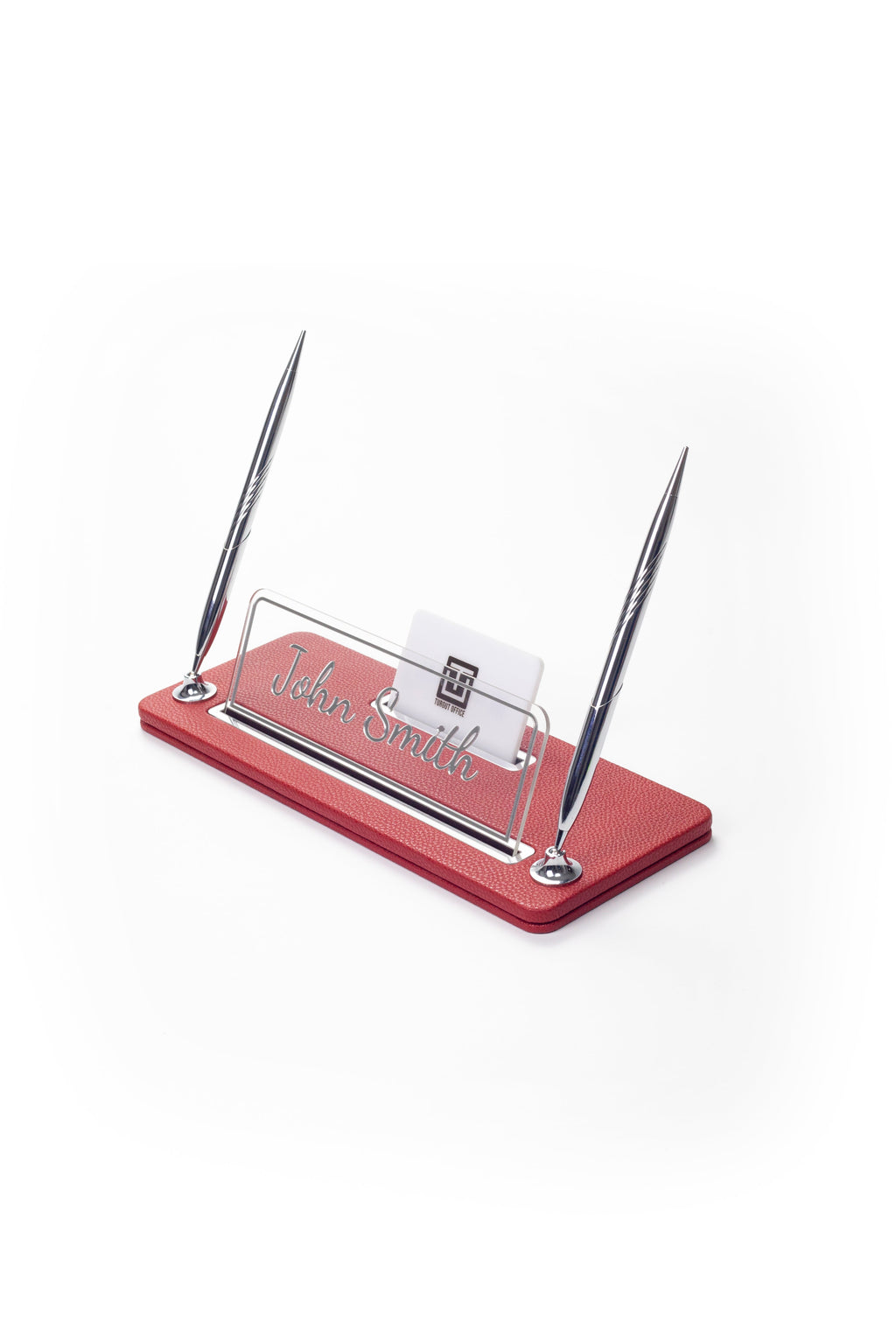 Leather Desk Name Holder with Two Pens Black Chrome Detailed