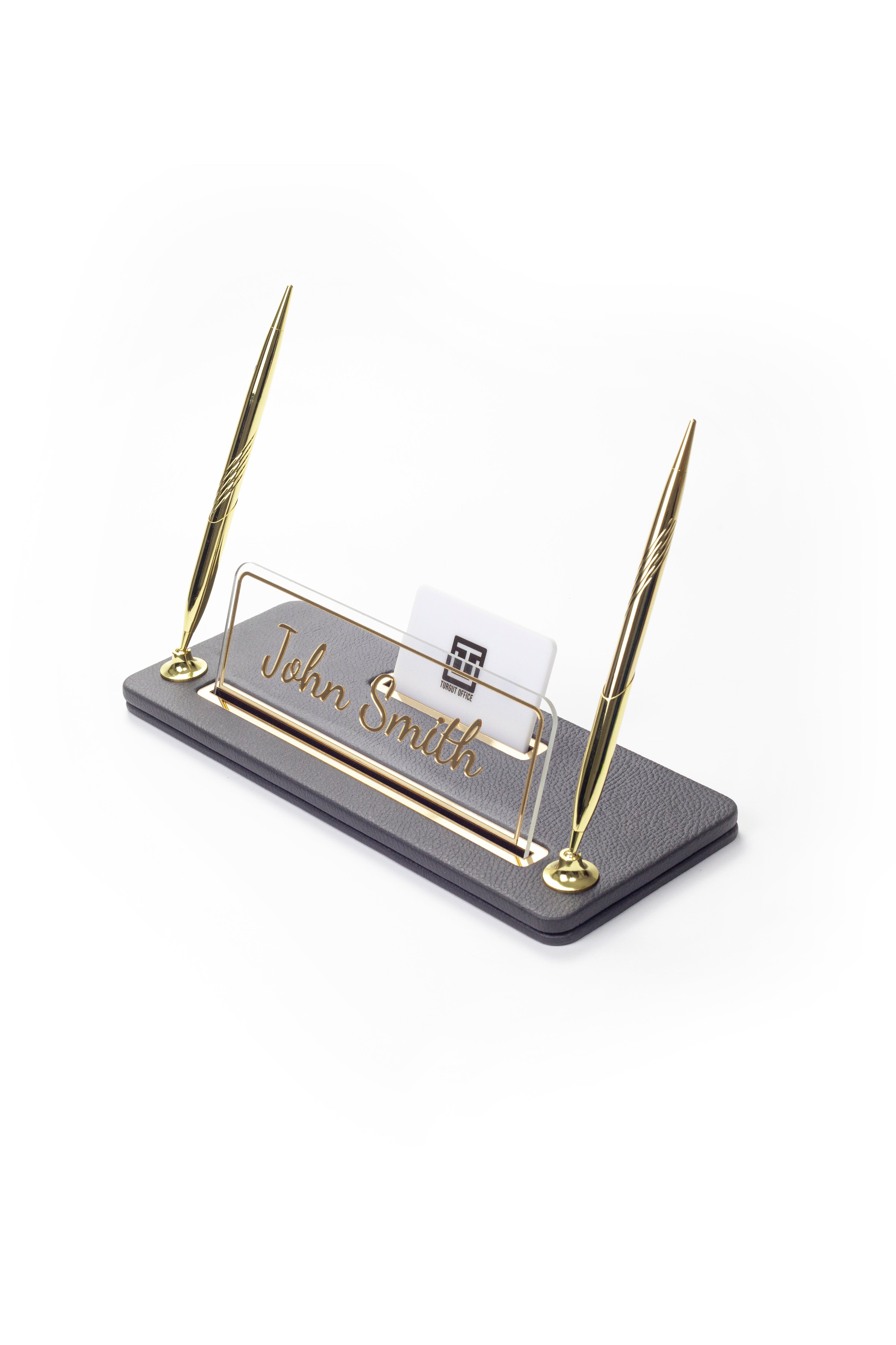 Leather Desk Name Holder with Two Pens Black Gold Detailed