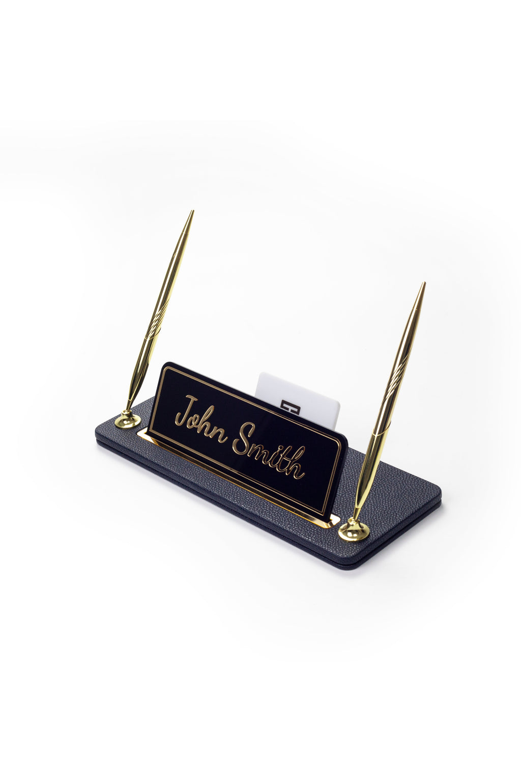 Leather Desk Name Holder with Two Pens Black Gold Detailed