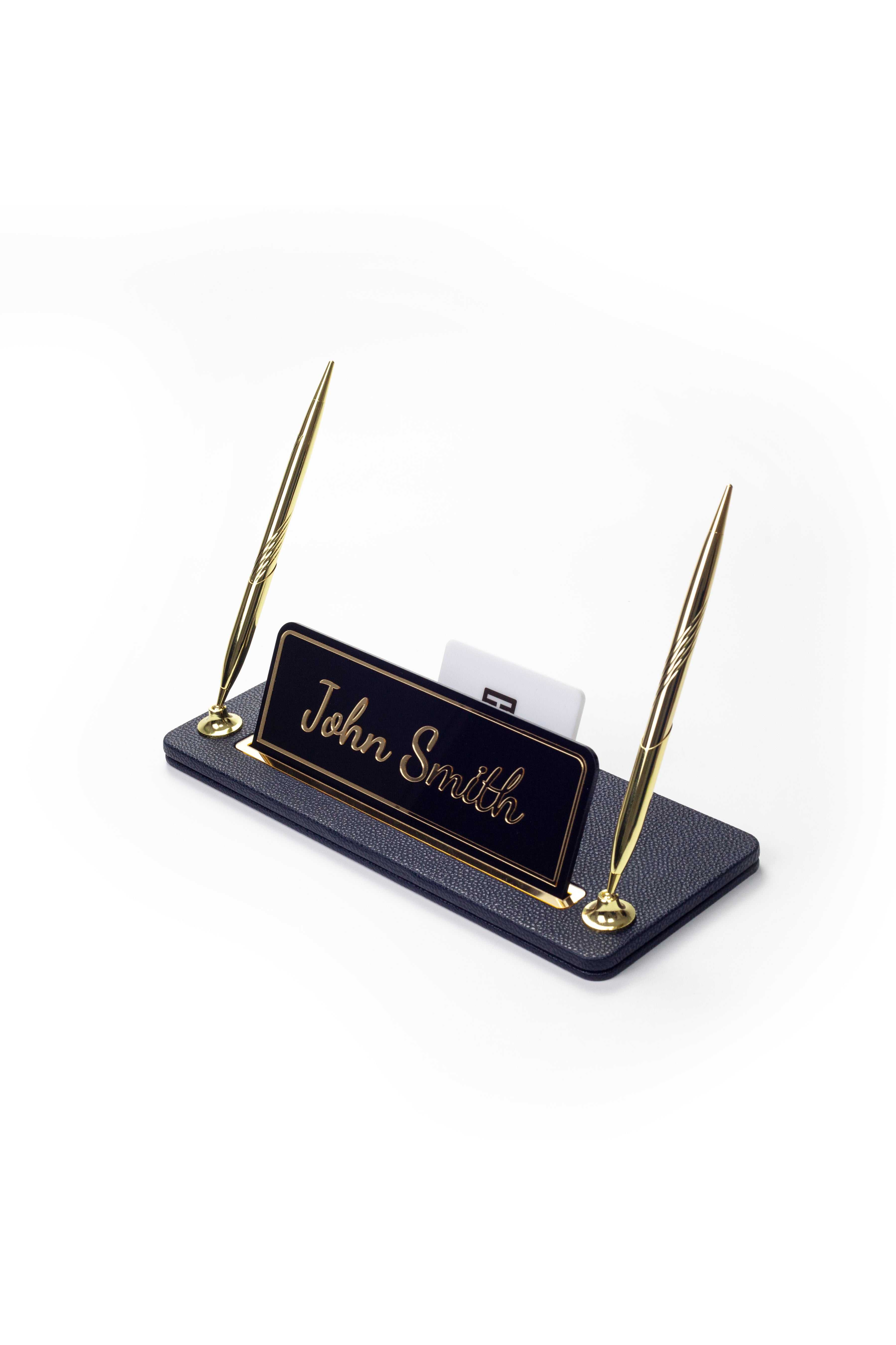 Leather Desk Name Holder with Two Pens Black Gold Detailed