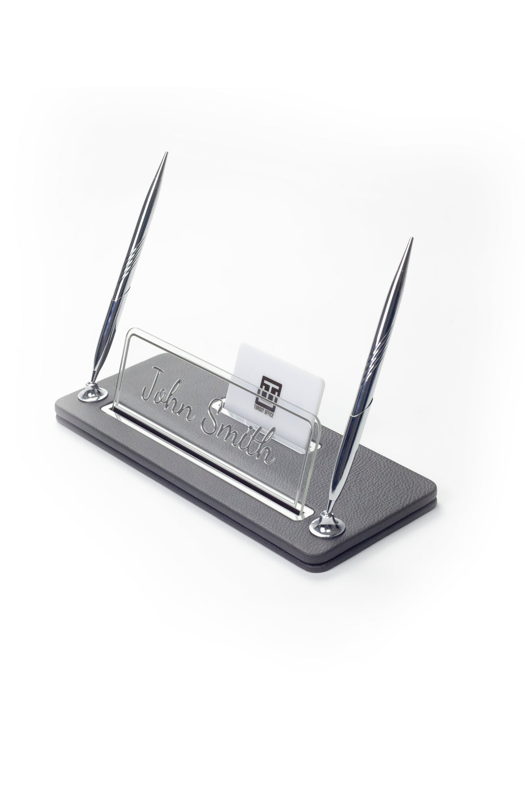 Leather Desk Name Holder with Two Pens Black Chrome Detailed