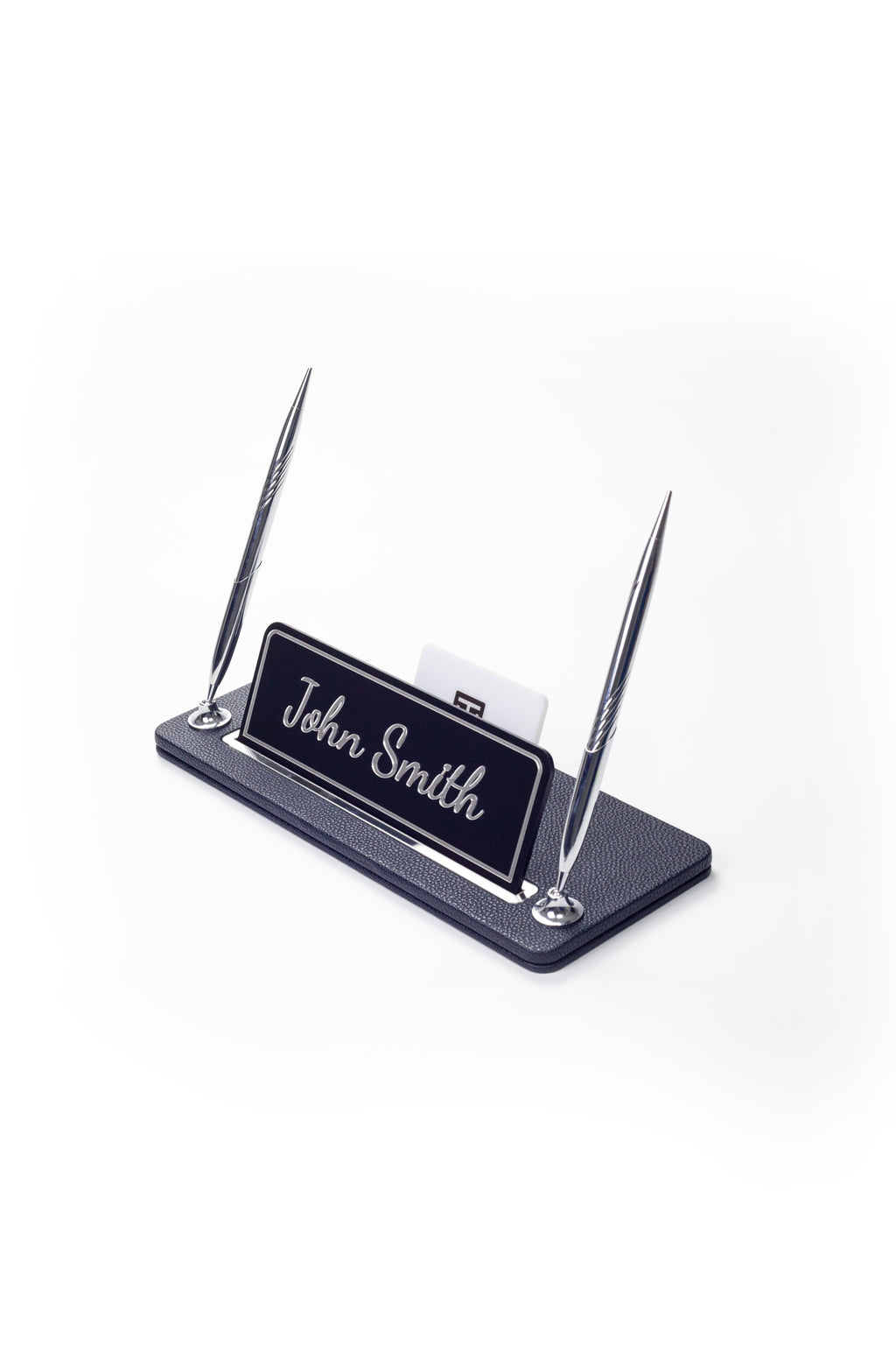 Leather Desk Name Holder with Two Pens Black Chrome Detailed