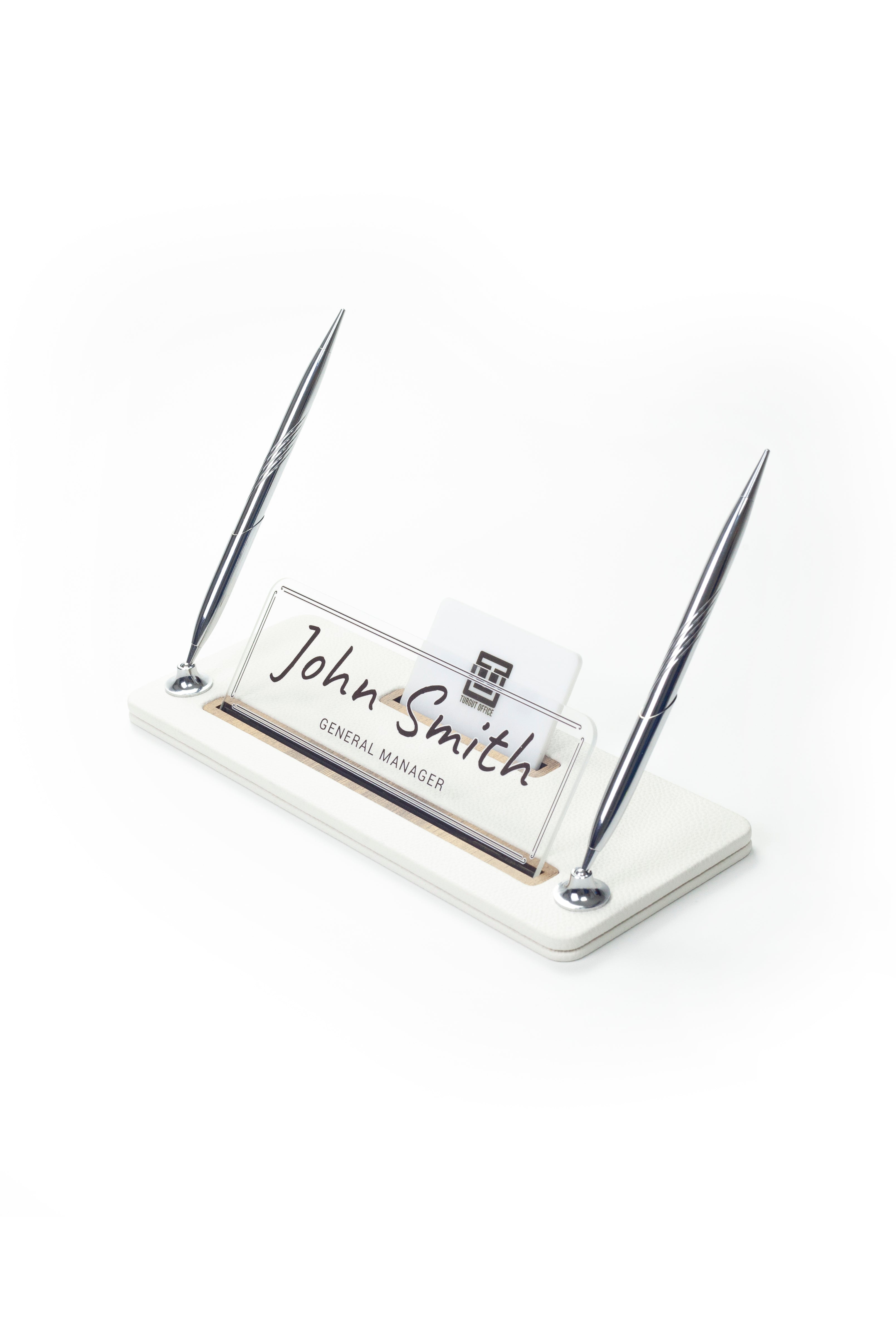 Leather Desk Name Holder with Two Pens Black Wood Detail