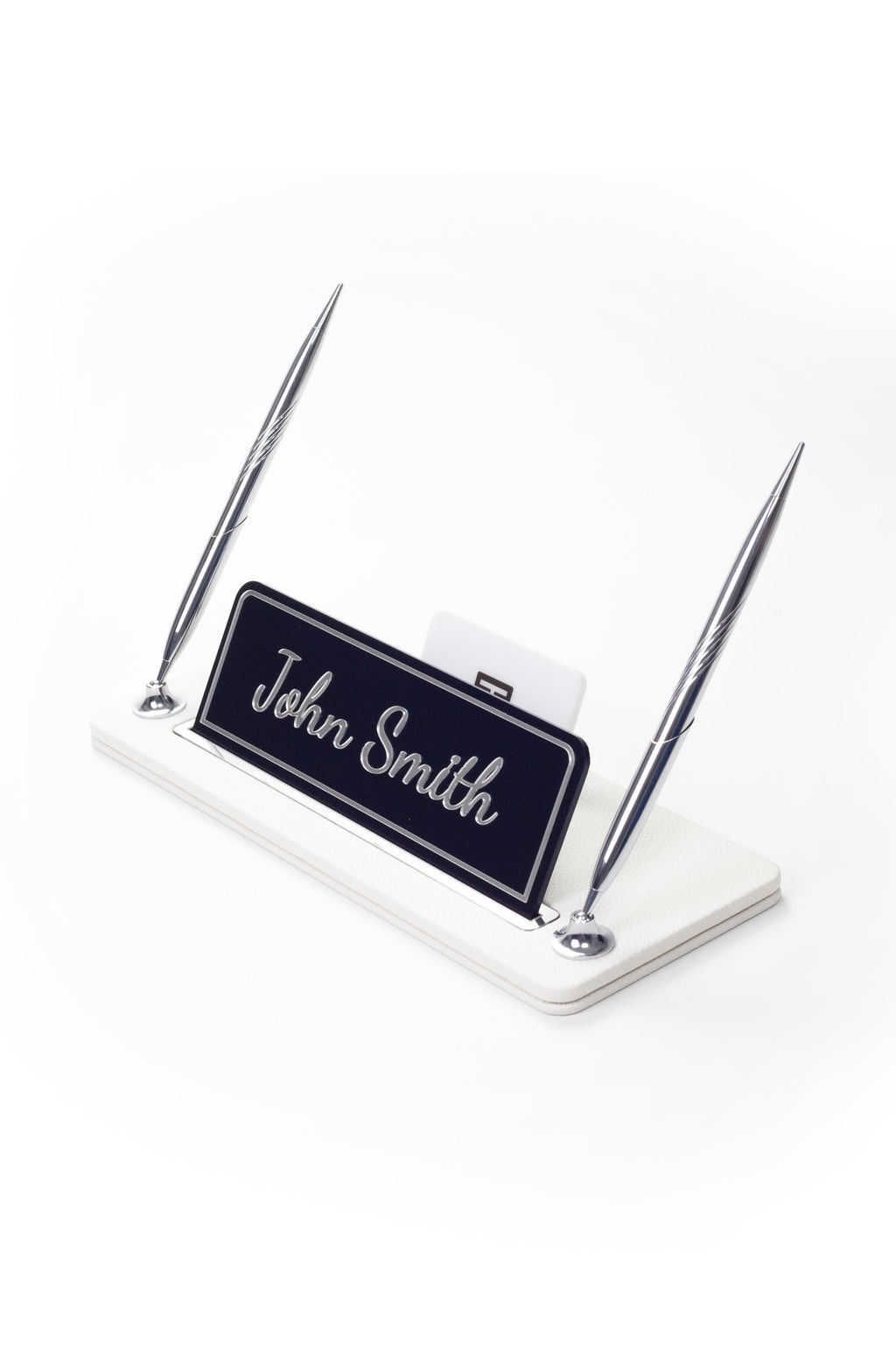 Leather Desk Name Holder with Two Pens Black Chrome Detailed