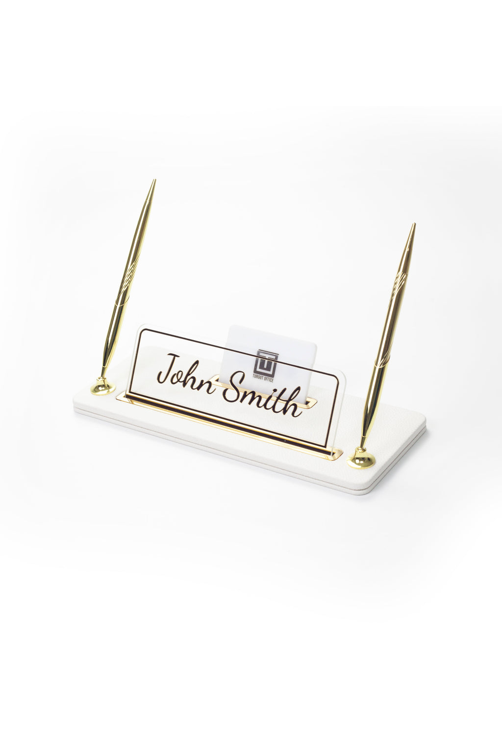 Leather Desk Name Holder with Two Pens Black Gold Detailed