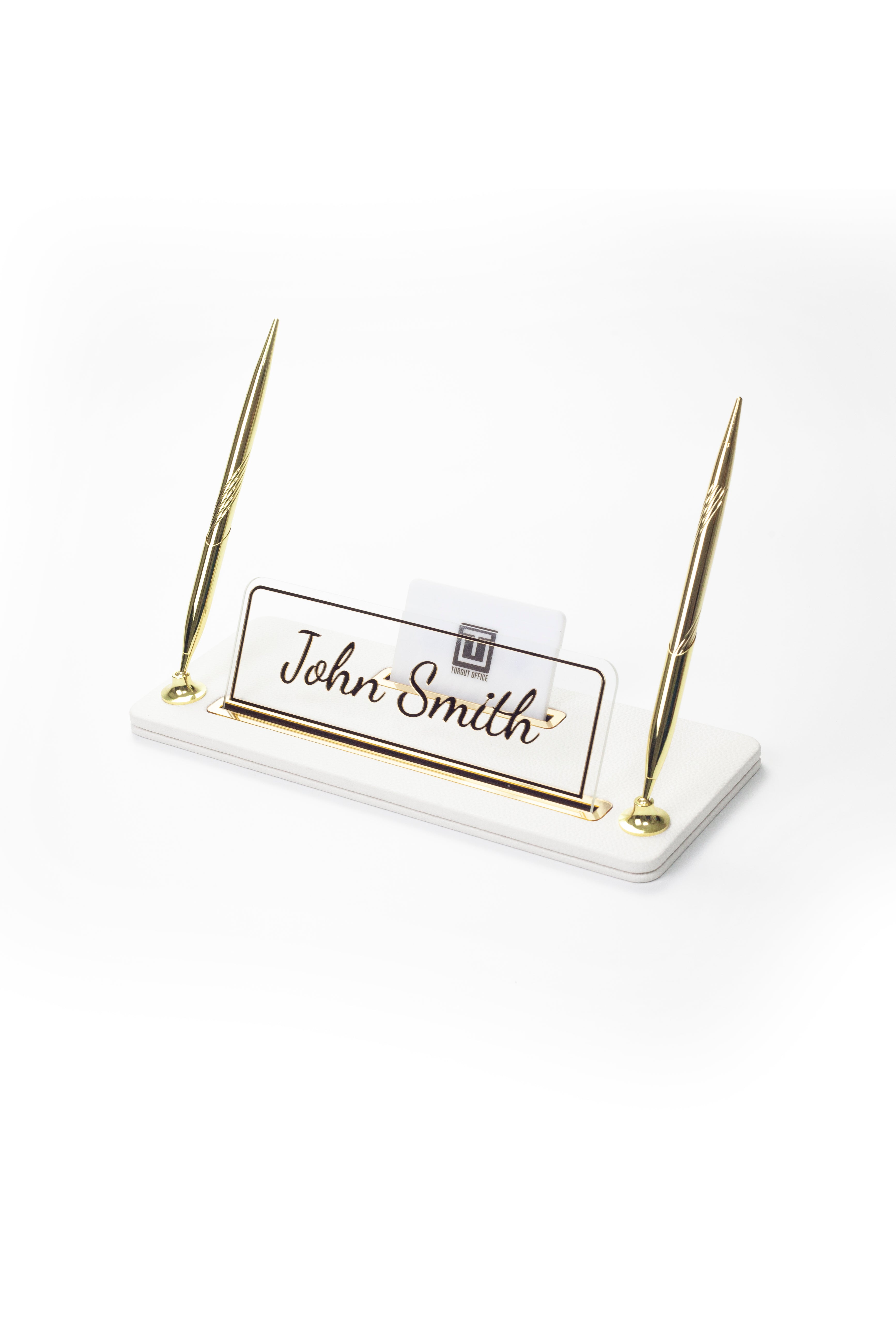 Leather Desk Name Holder with Two Pens Black Gold Detailed