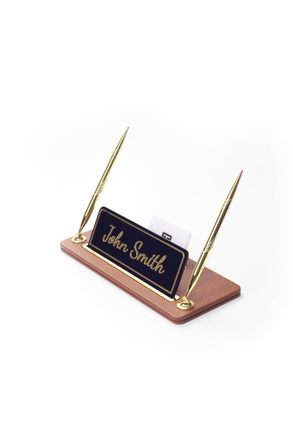 Leather Desk Name Holder with Two Pens Black Gold Detailed