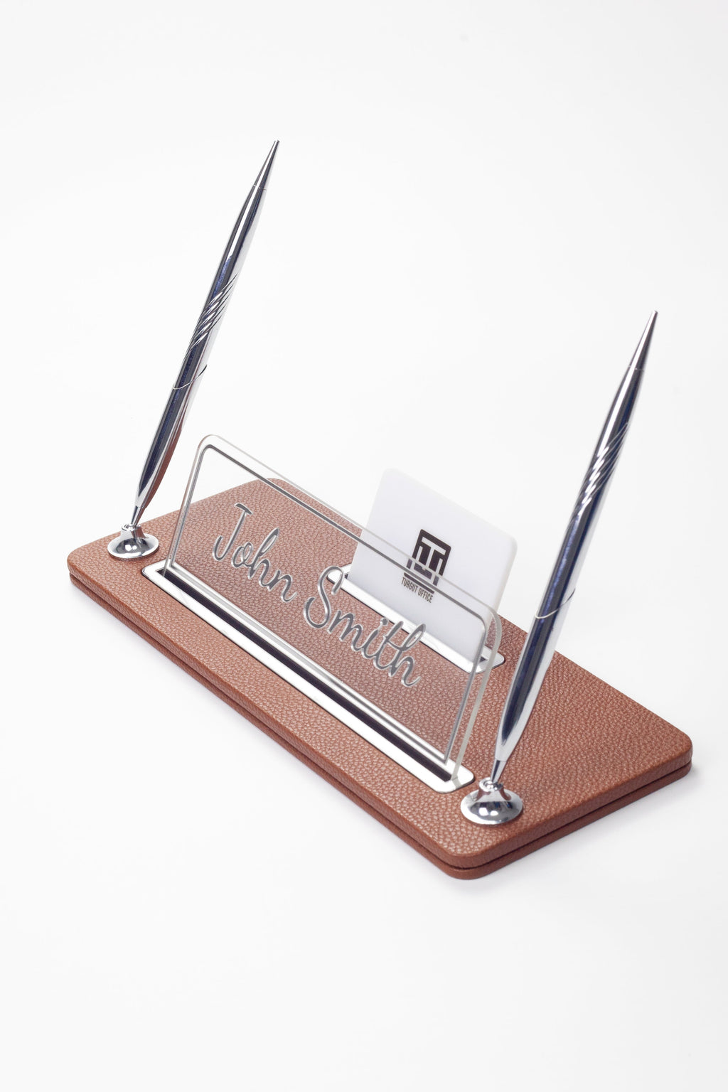 Leather Desk Name Holder with Two Pens Black Chrome Detailed