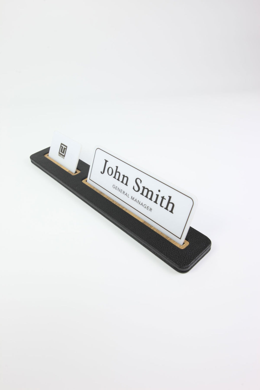 Leather Desk Nameplate Black Long Wooden Detail - Nameplate and Business Card Holder