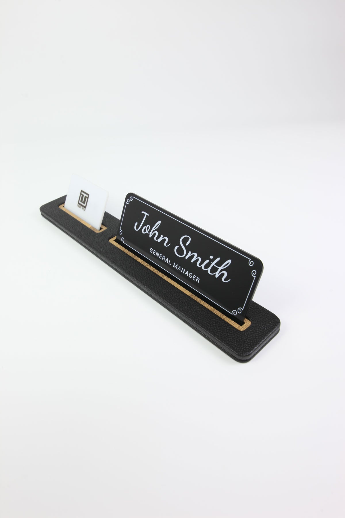 Leather Desk Nameplate Black Long Wooden Detail - Nameplate and Business Card Holder
