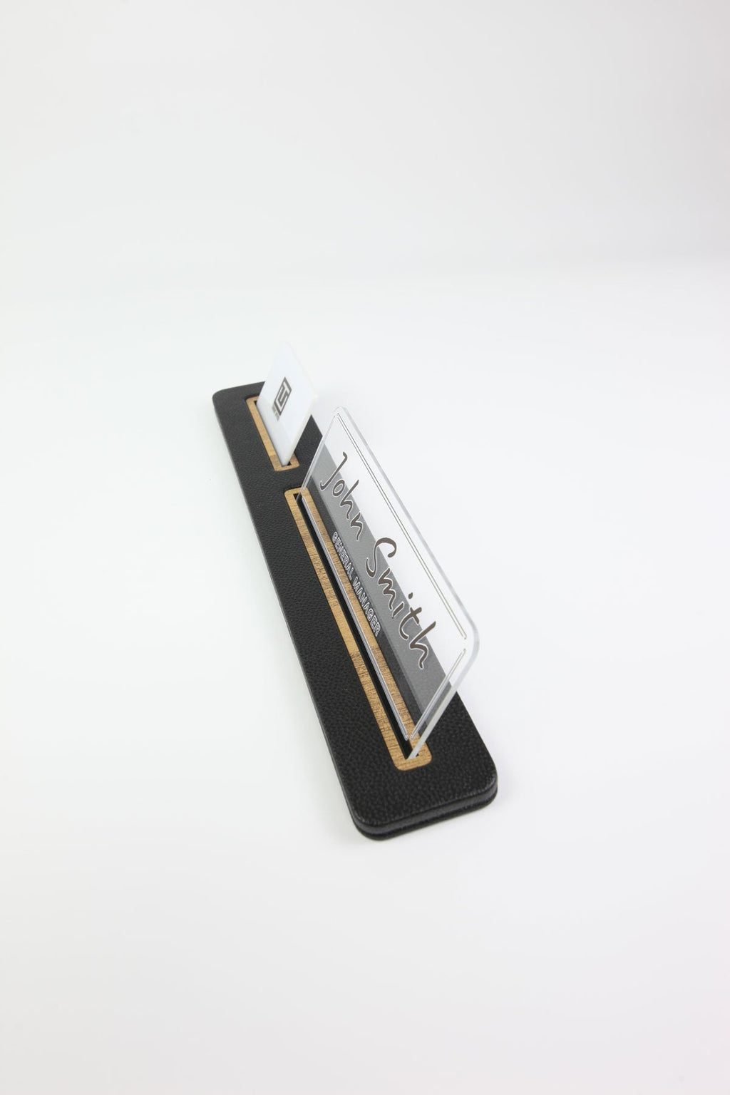 Leather Desk Nameplate Black Long Wooden Detail - Nameplate and Business Card Holder