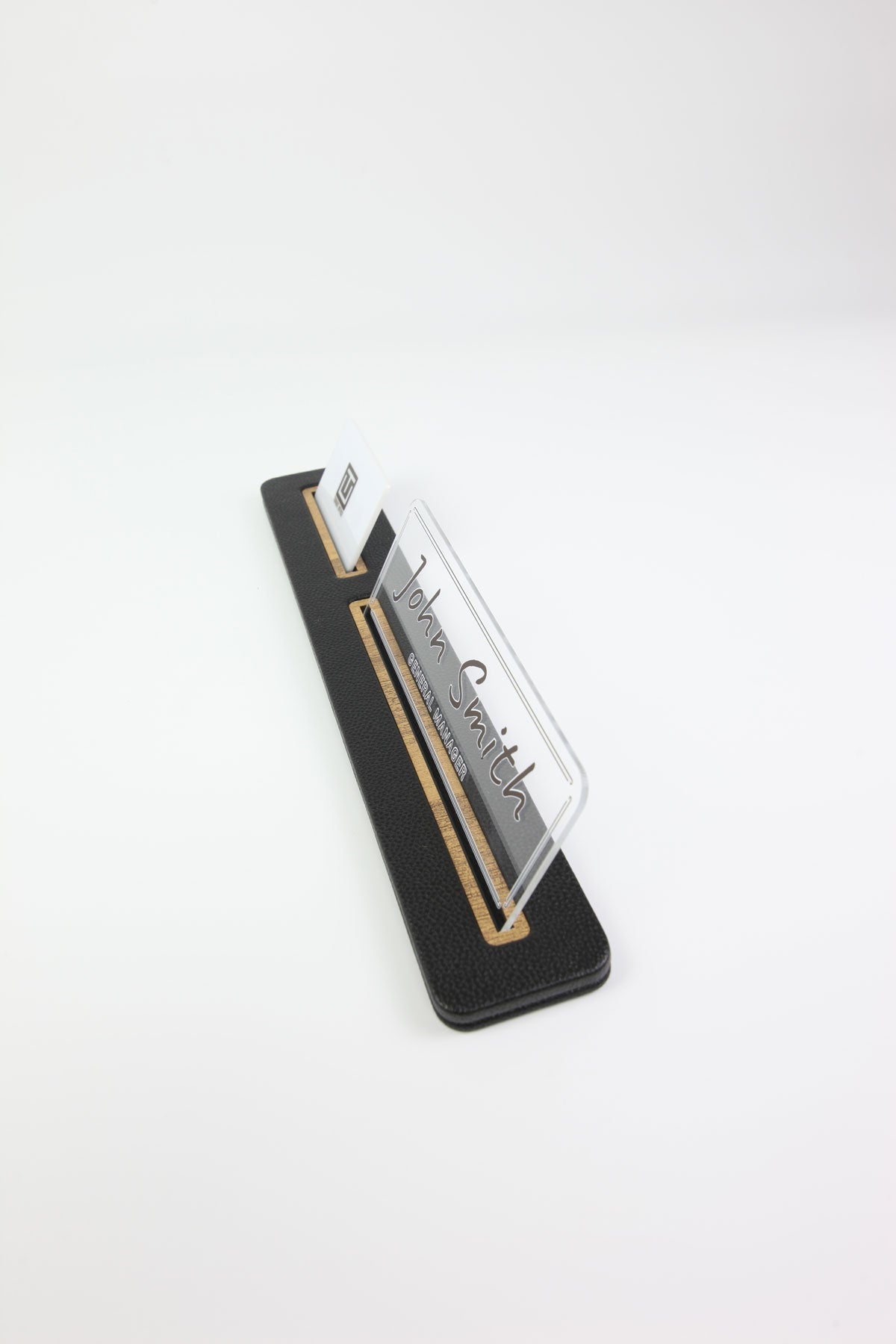 Leather Desk Nameplate Black Long Wooden Detail - Nameplate and Business Card Holder