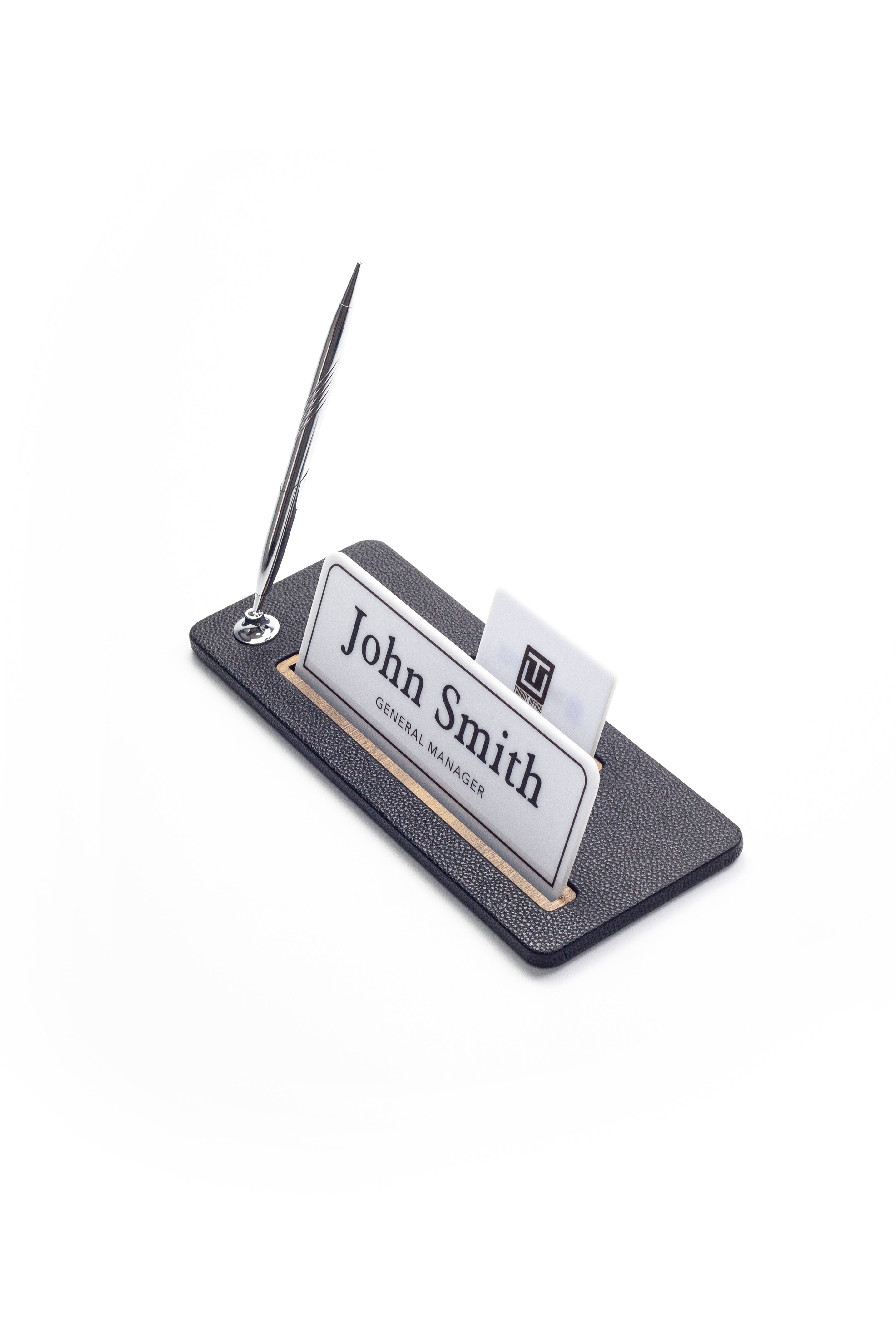 Leather Desk Name Holder Wood Detail