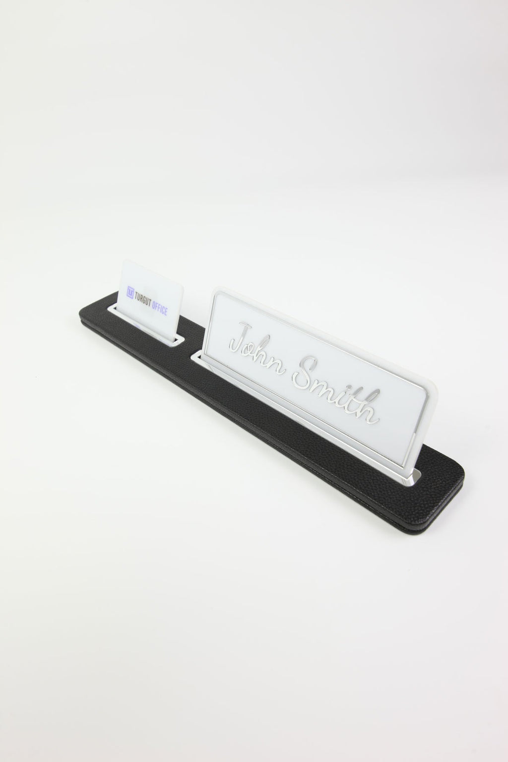 Leather Desk Name Holder Black Long Chrome Detailed - Name Holder and Business Card Holder