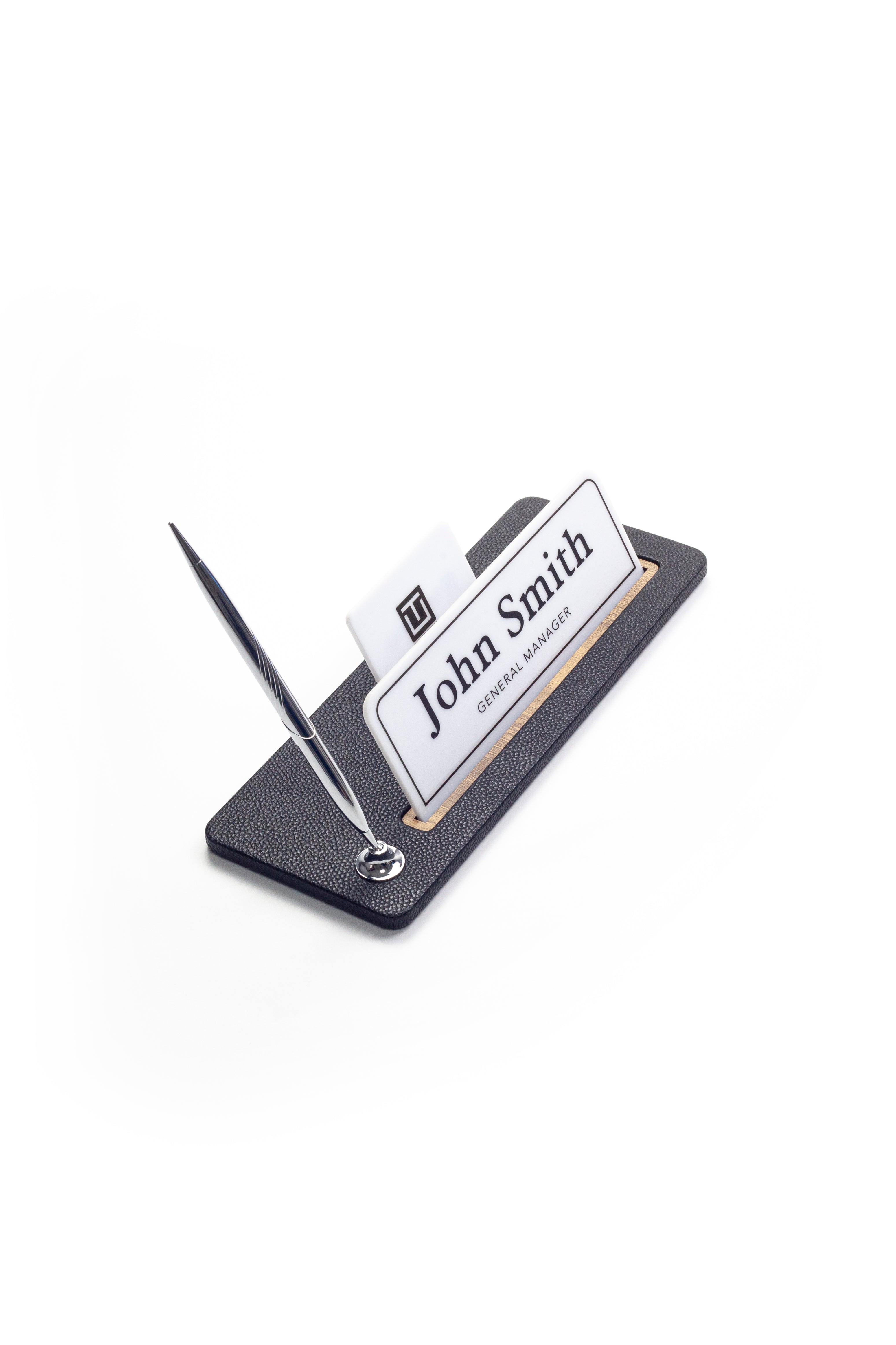 Leather Desk Name Holder Wood Detail