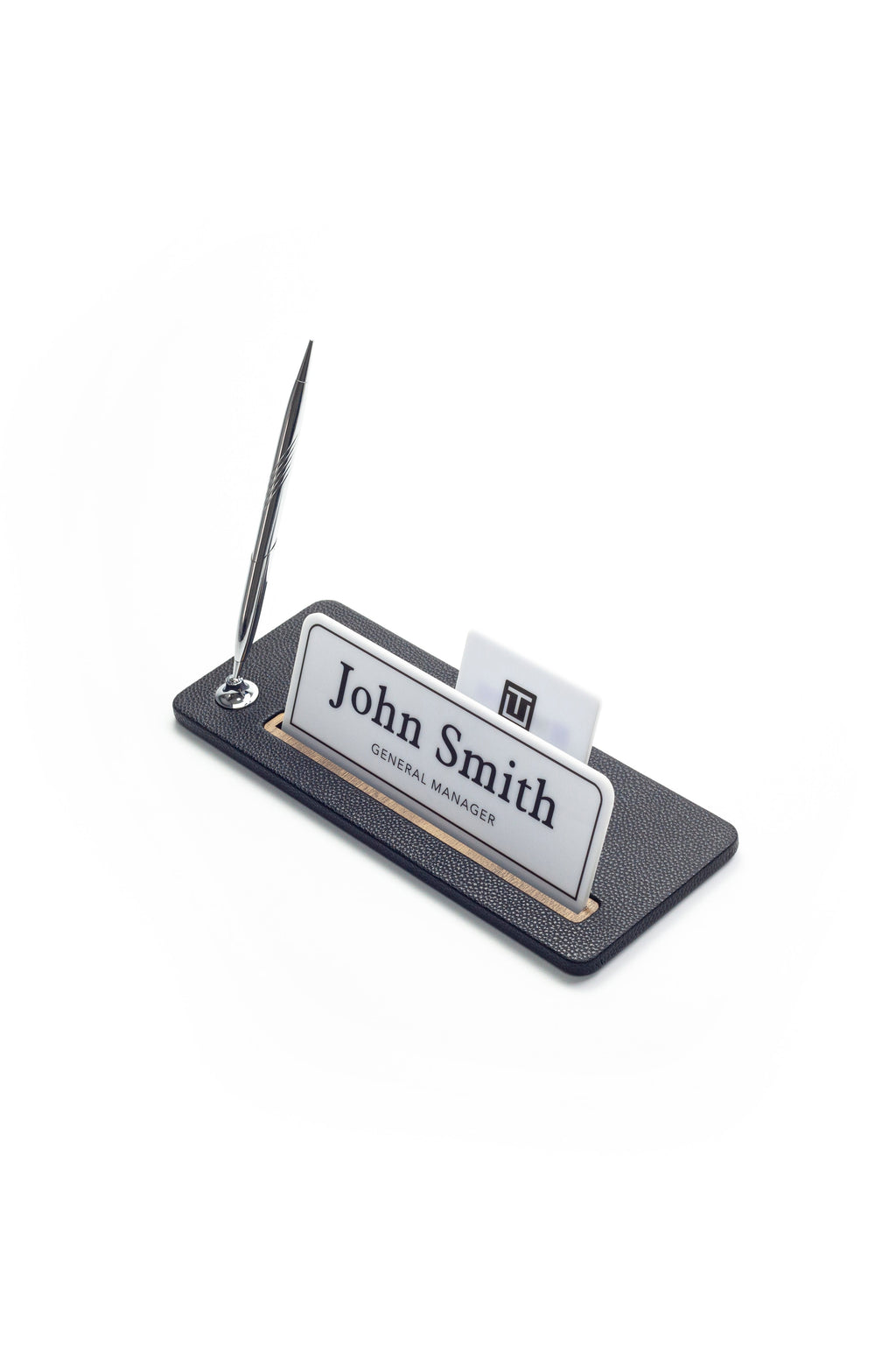 Leather Desk Name Holder Wood Detail