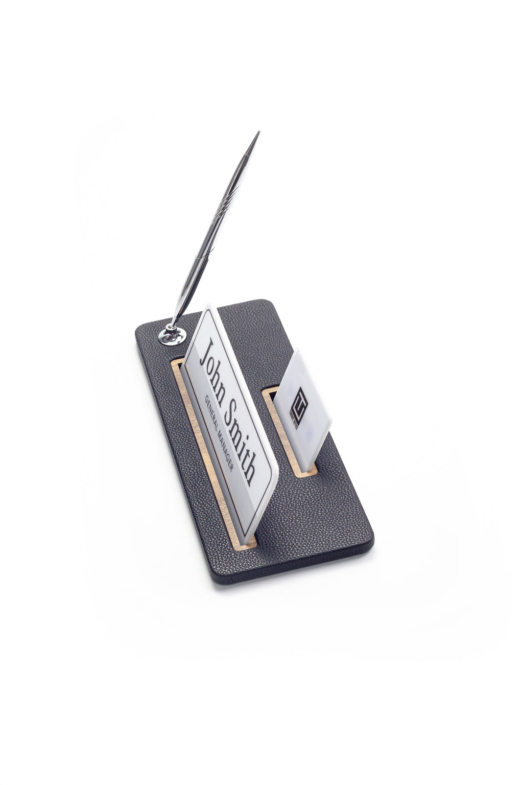 Leather Desk Name Holder Wood Detail