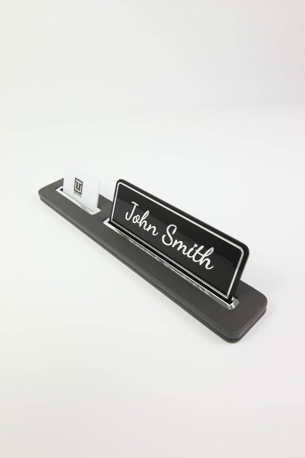 Leather Desk Name Holder Black Long Chrome Detailed - Name Holder and Business Card Holder