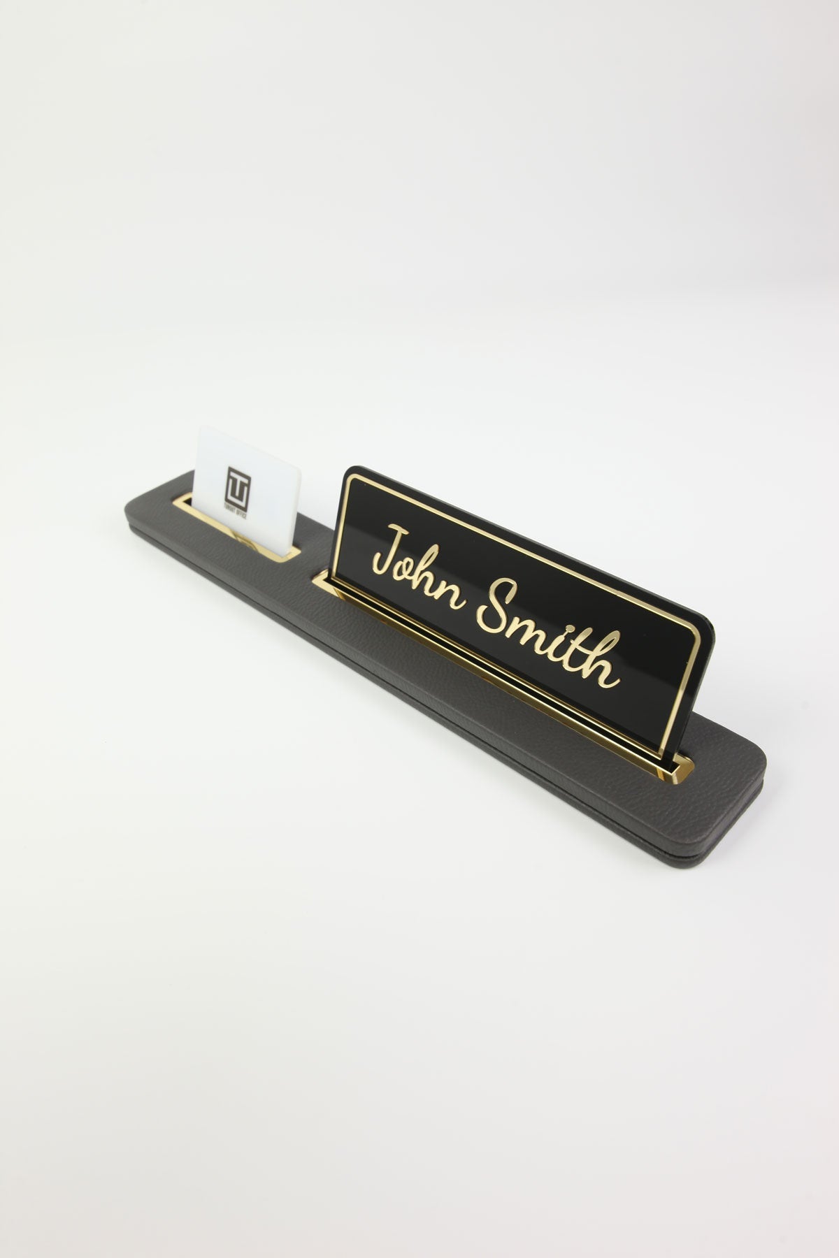 Leather Desk Nameplate Black Long Gold Detailed - Nameplate and Business Card Holder
