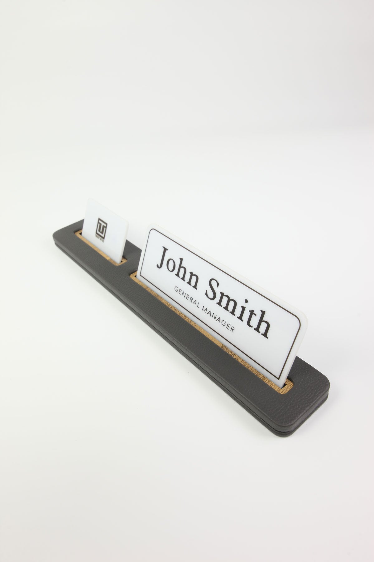 Leather Desk Nameplate Black Long Wooden Detail - Nameplate and Business Card Holder