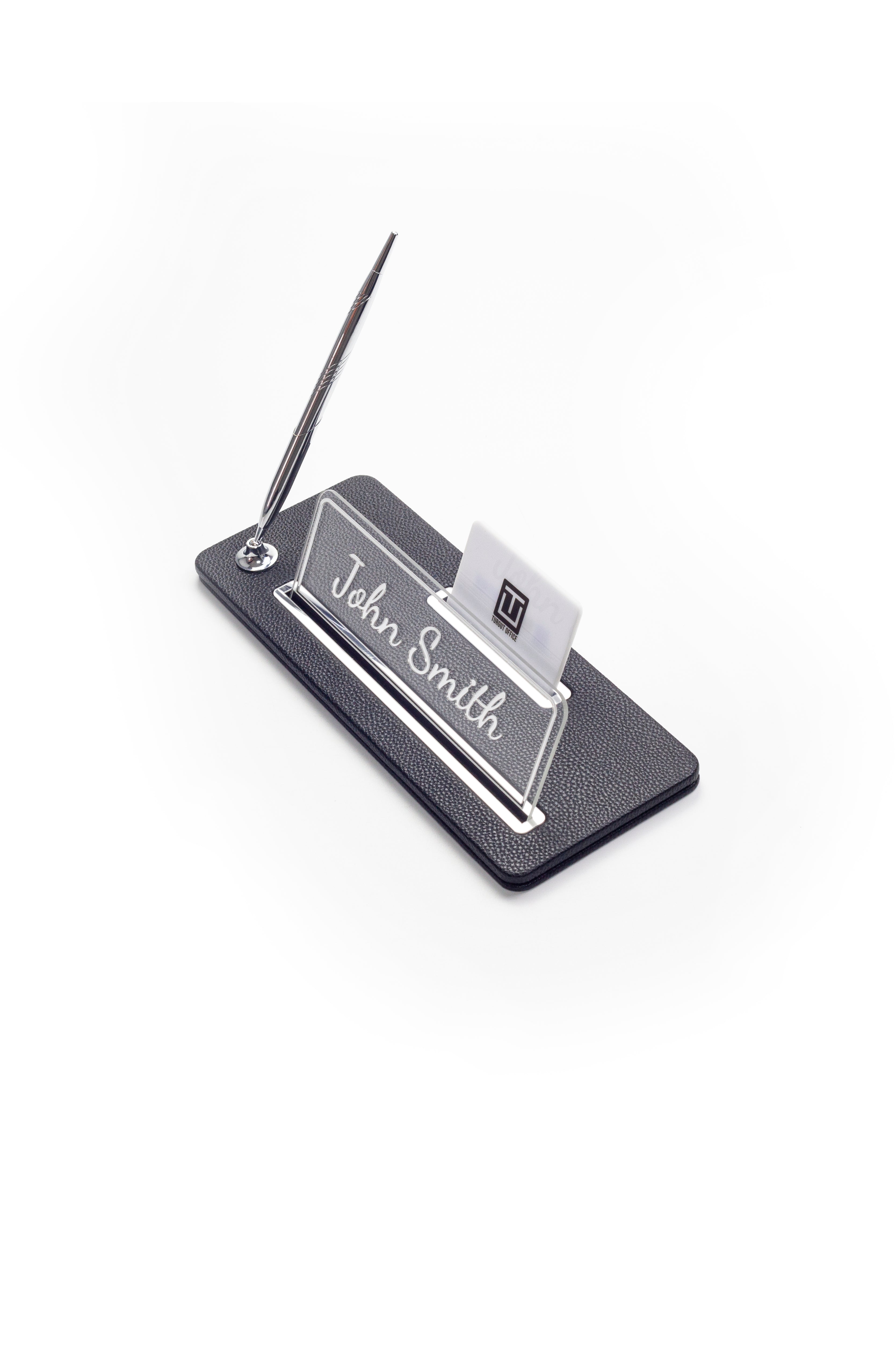 Leather Desk Name Holder Chrome Detailed