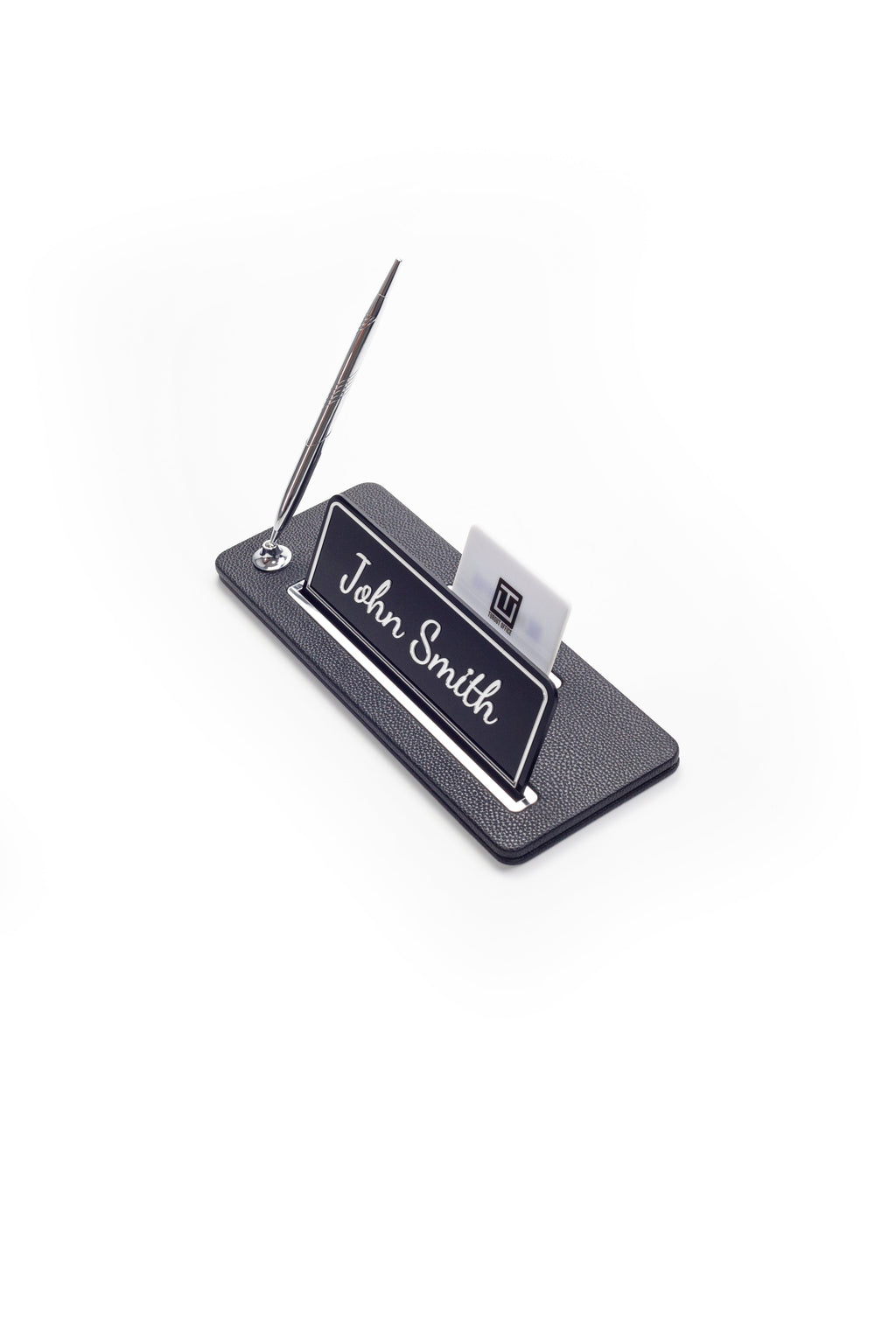 Leather Desk Name Holder Chrome Detailed