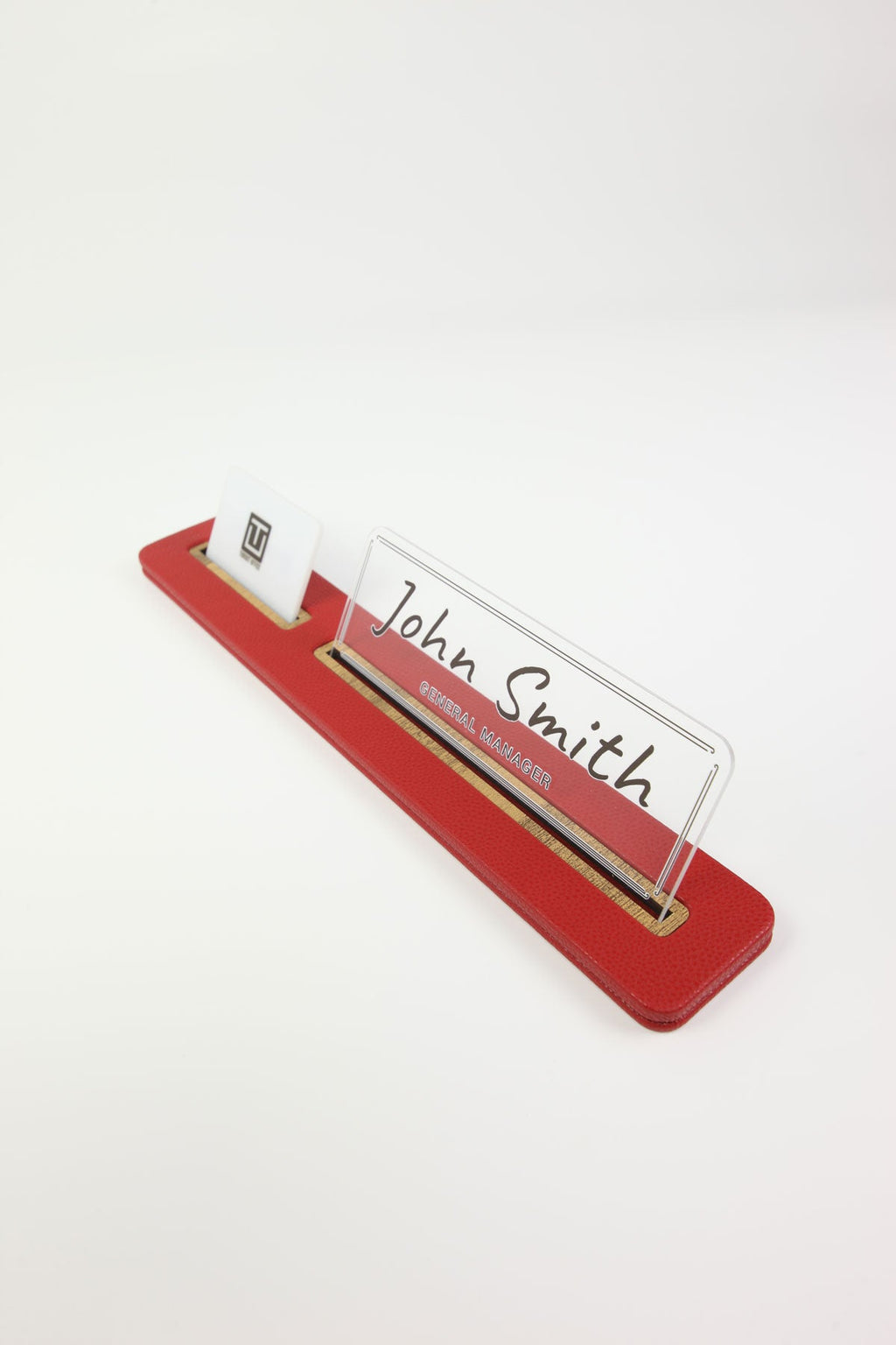 Leather Desk Nameplate Black Long Wooden Detail - Nameplate and Business Card Holder