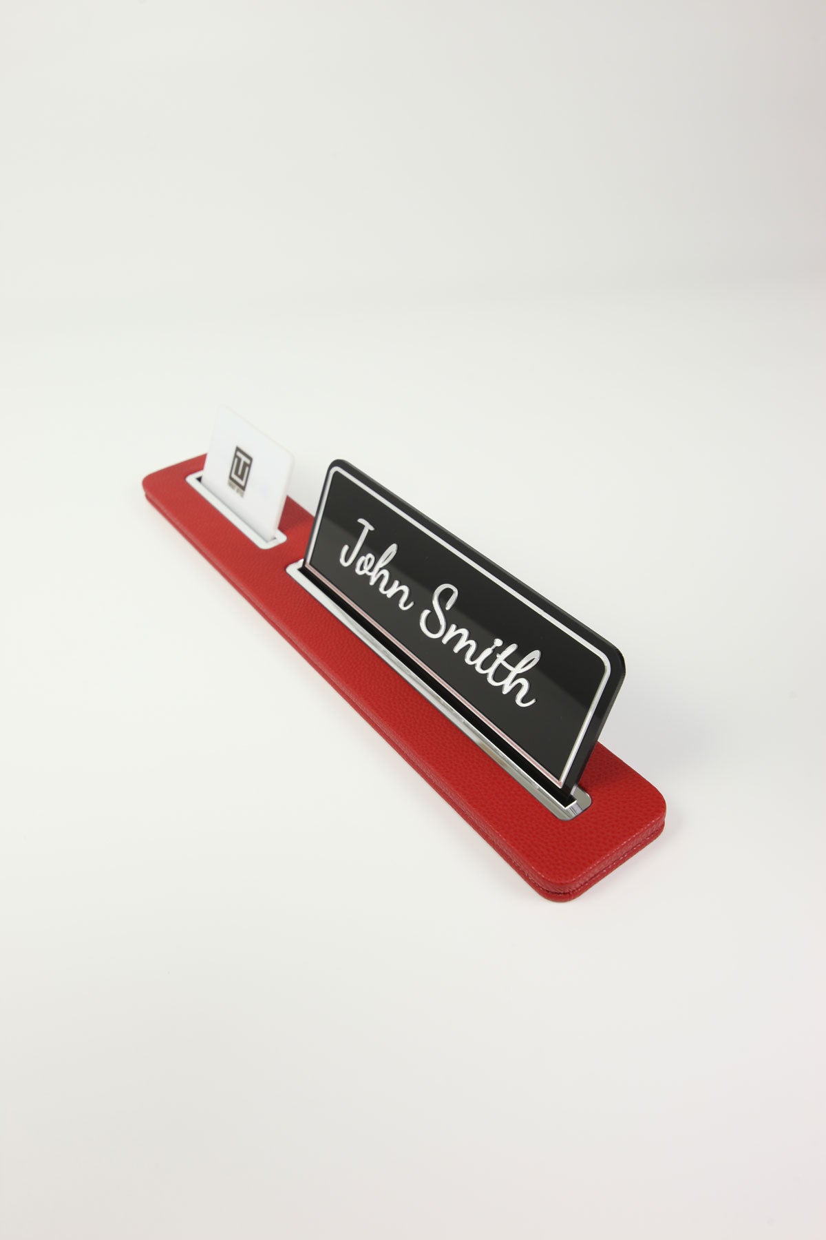 Leather Desk Name Holder Black Long Chrome Detailed - Name Holder and Business Card Holder