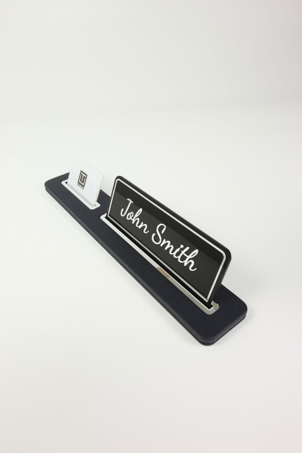 Leather Desk Name Holder Black Long Chrome Detailed - Name Holder and Business Card Holder