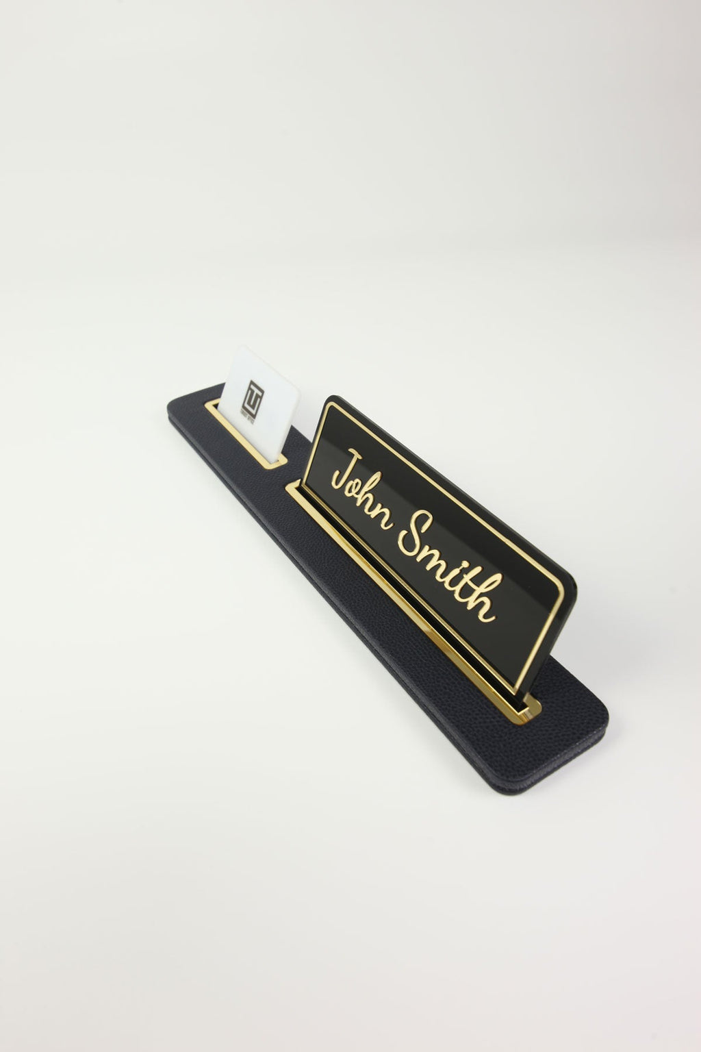 Leather Desk Nameplate Black Long Gold Detailed - Nameplate and Business Card Holder