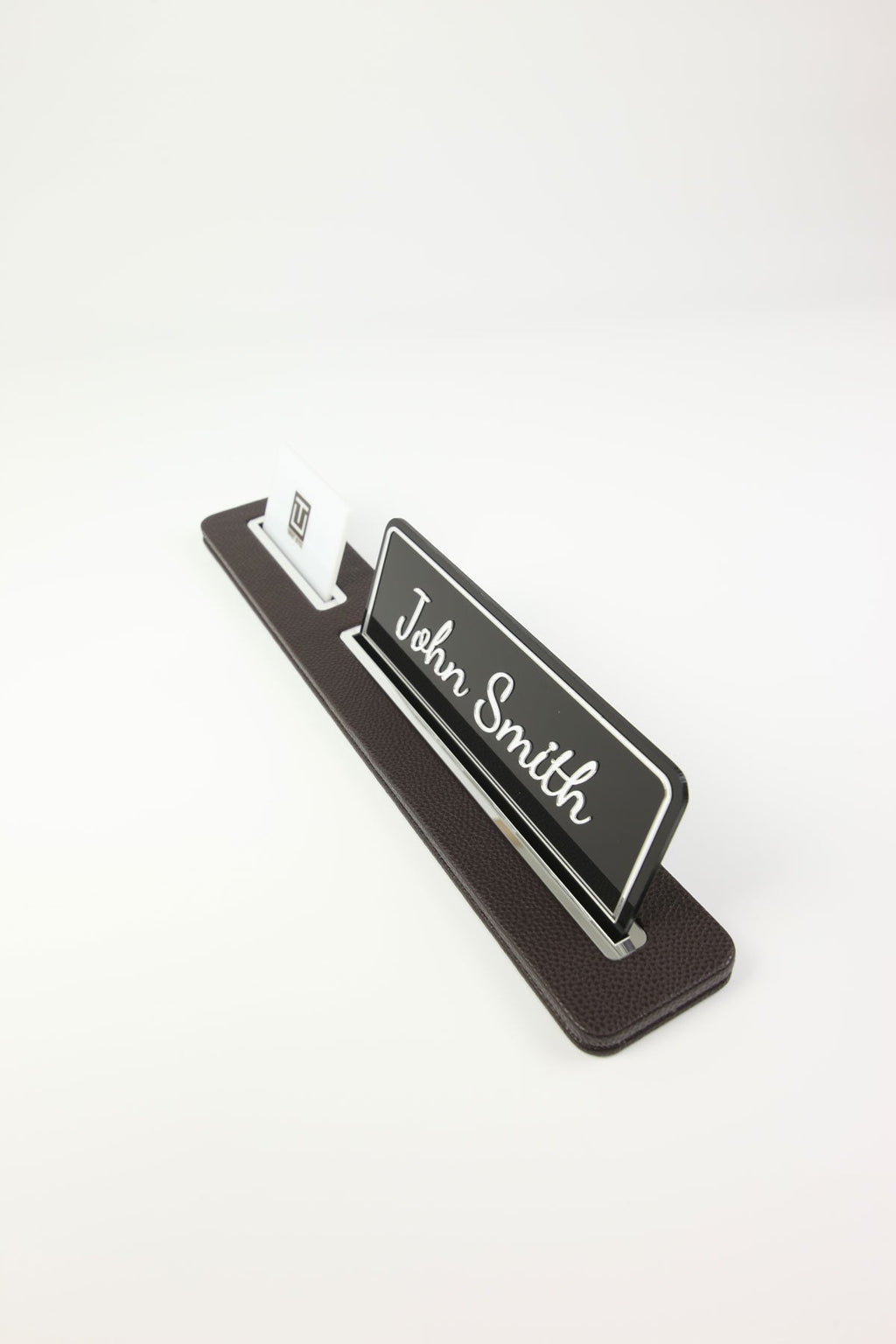 Leather Desk Name Holder Black Long Chrome Detailed - Name Holder and Business Card Holder