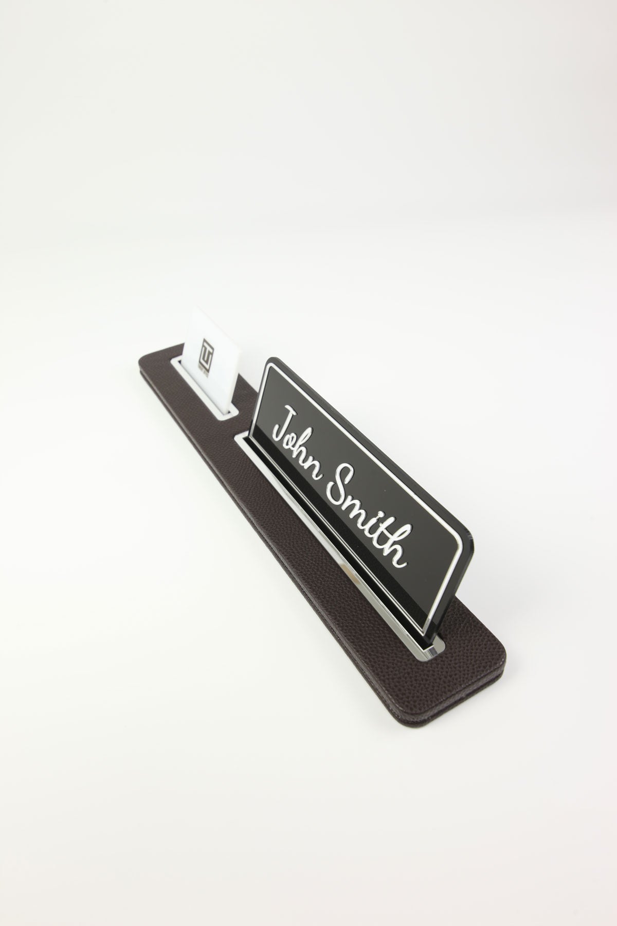 Leather Desk Name Holder Black Long Chrome Detailed - Name Holder and Business Card Holder