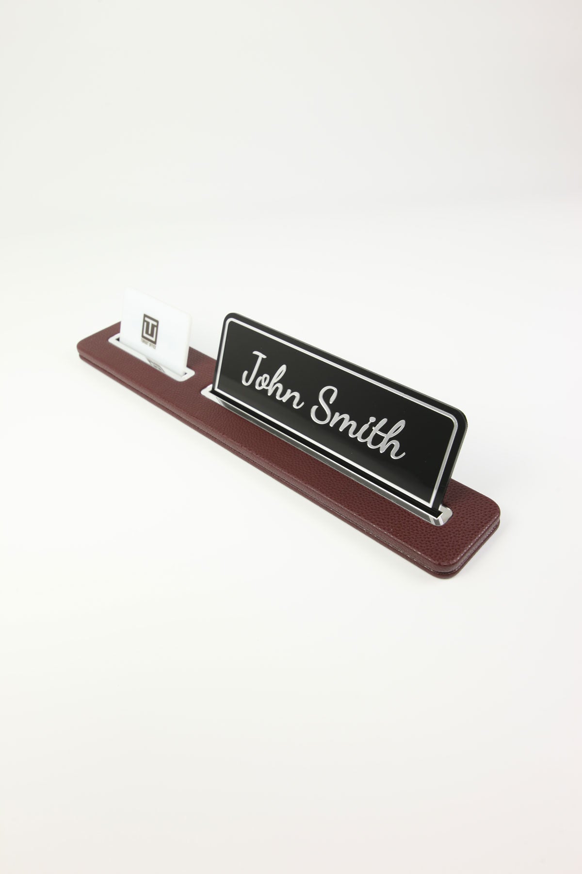 Leather Desk Name Holder Black Long Chrome Detailed - Name Holder and Business Card Holder