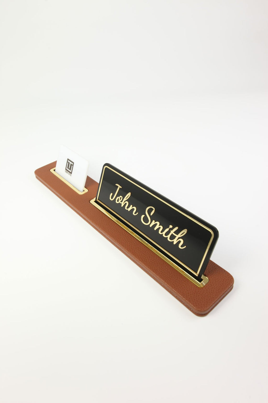 Leather Desk Nameplate Black Long Gold Detailed - Nameplate and Business Card Holder
