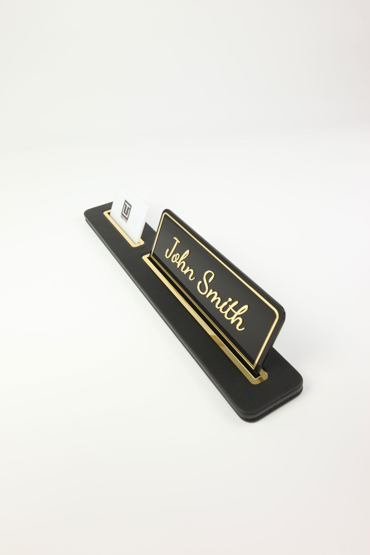 Leather Desk Nameplate Black Long Gold Detailed - Nameplate and Business Card Holder