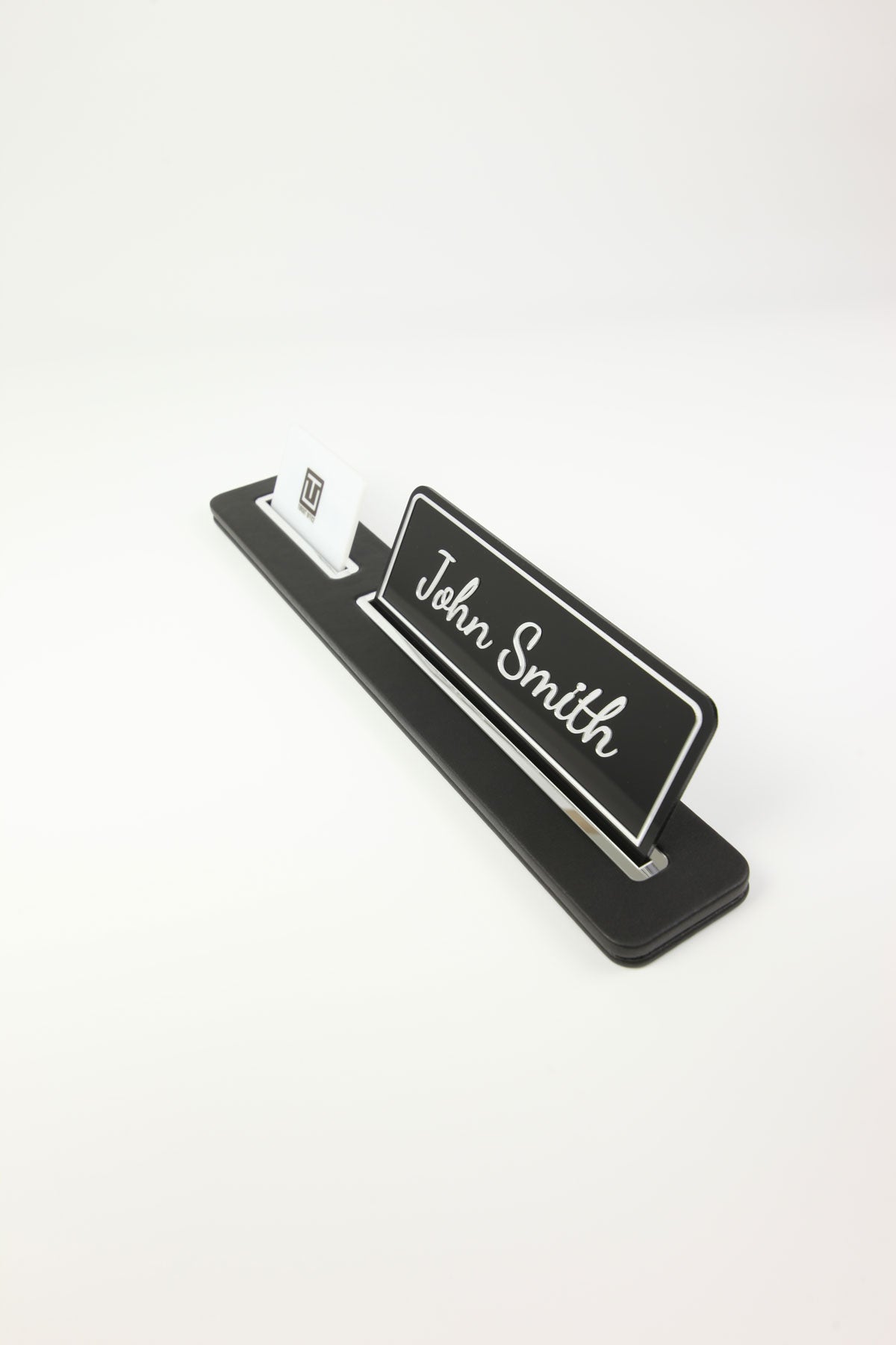 Leather Desk Name Holder Black Long Chrome Detailed - Name Holder and Business Card Holder
