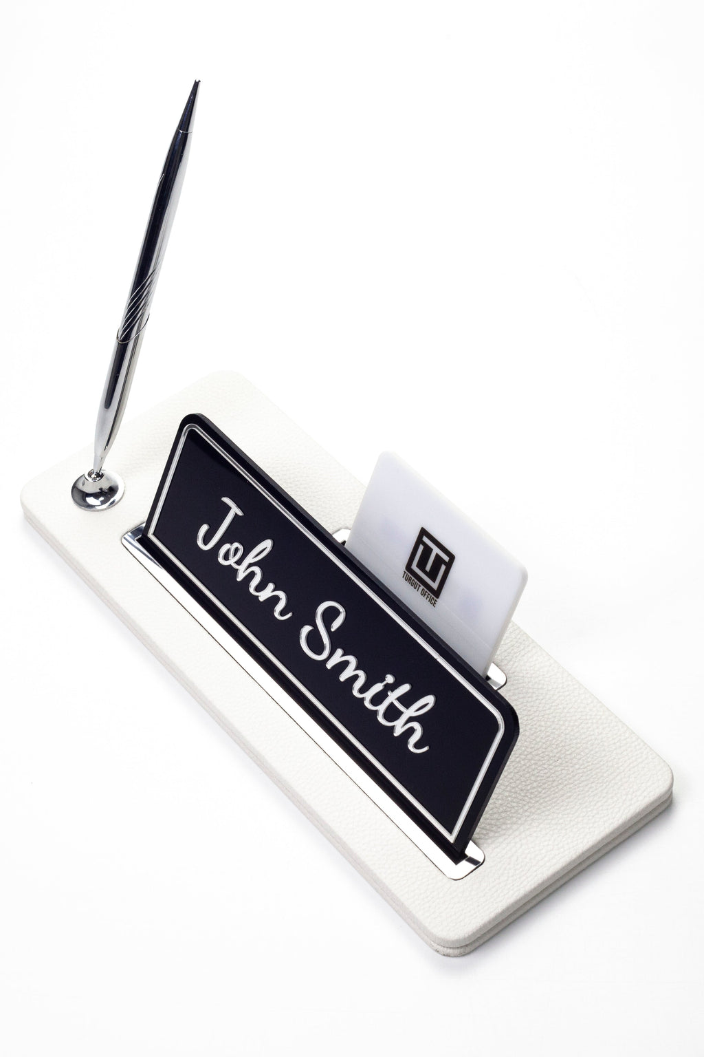 Leather Desk Name Holder Chrome Detailed