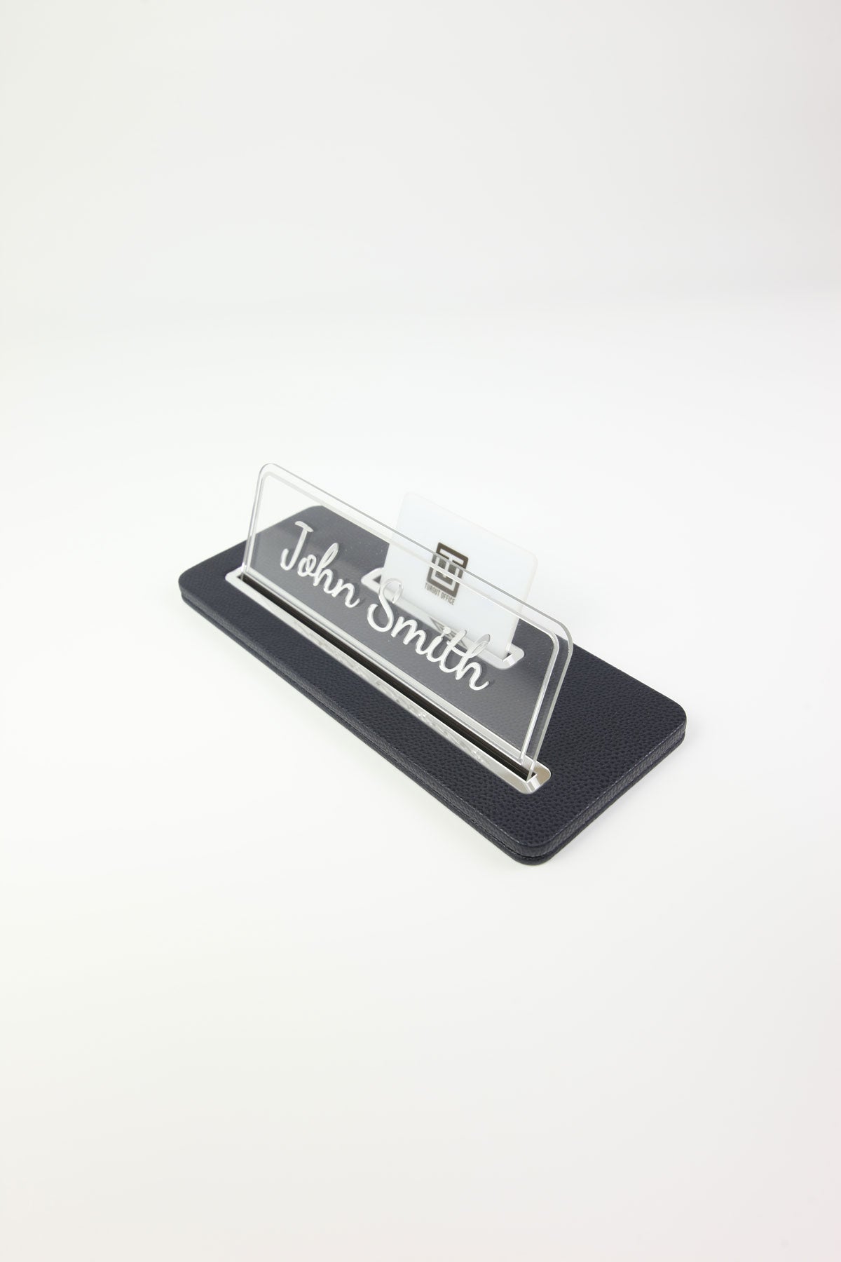 Leather Desk Name Holder Black Chrome Detailed - Name Holder and Business Card Holder
